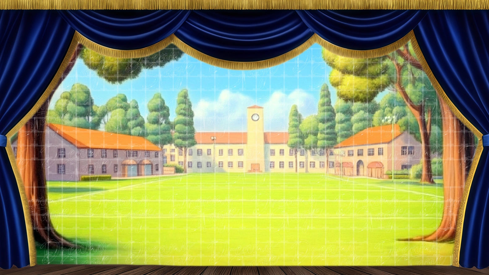 Outdoor school campus backdrop with lawn and buildings, ideal for Footloose scenes. Digital stage backdrop for HD projection, virtual scenery, and theatrical use.