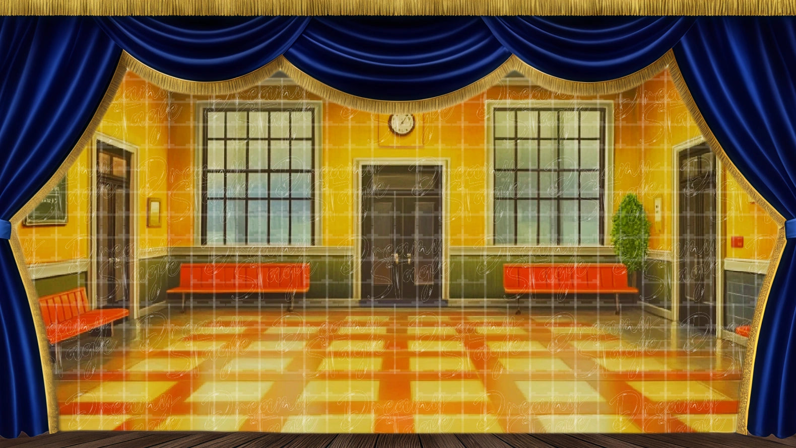 Classroom backdrop with desks and windows, ideal for Footloose student scenes. Digital stage backdrop for HD projection, virtual scenery, and theatrical use.