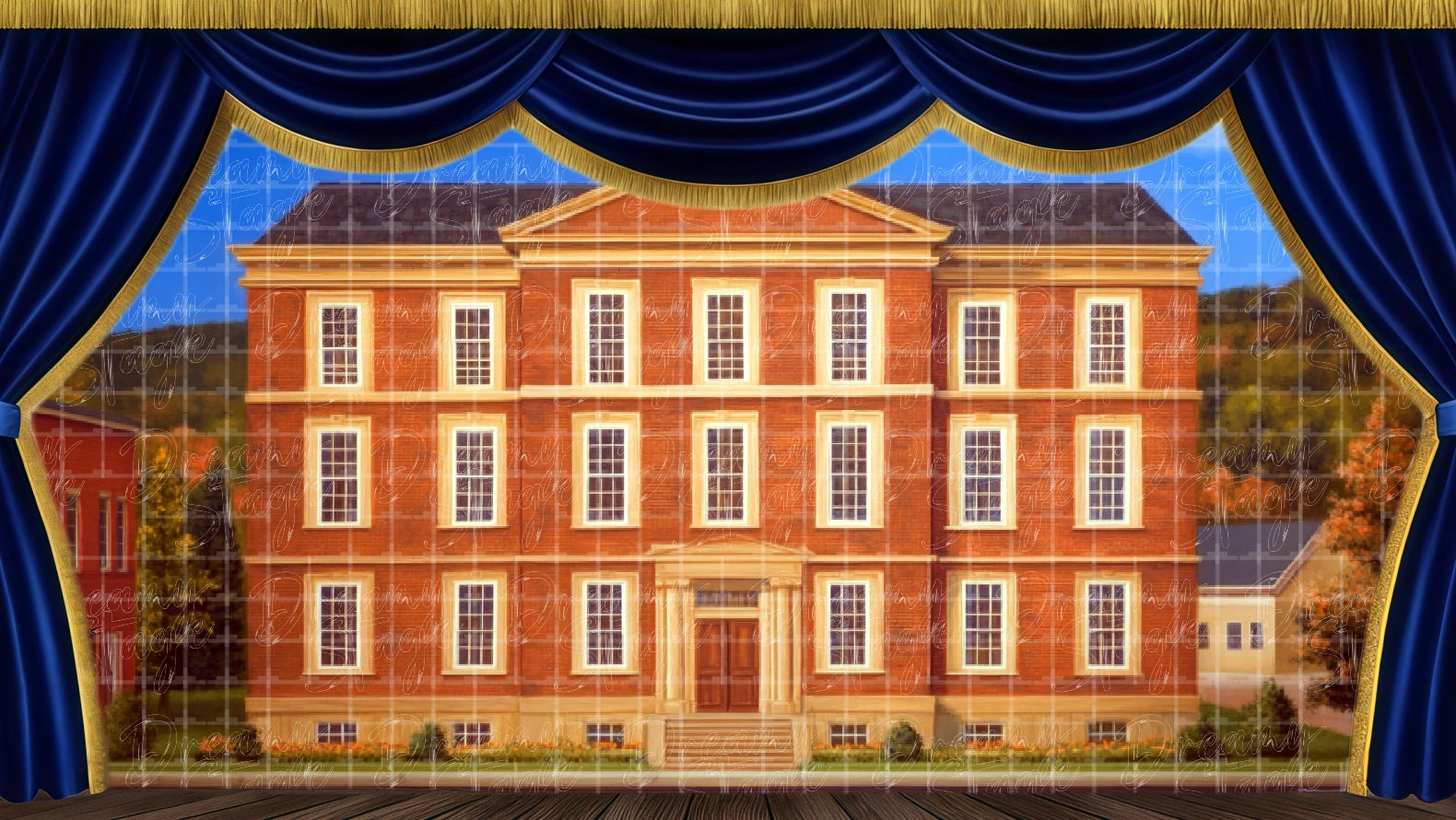 School building exterior, ideal for Footloose establishing shots. Digital stage backdrop for HD projection, virtual scenery, and theatrical use.