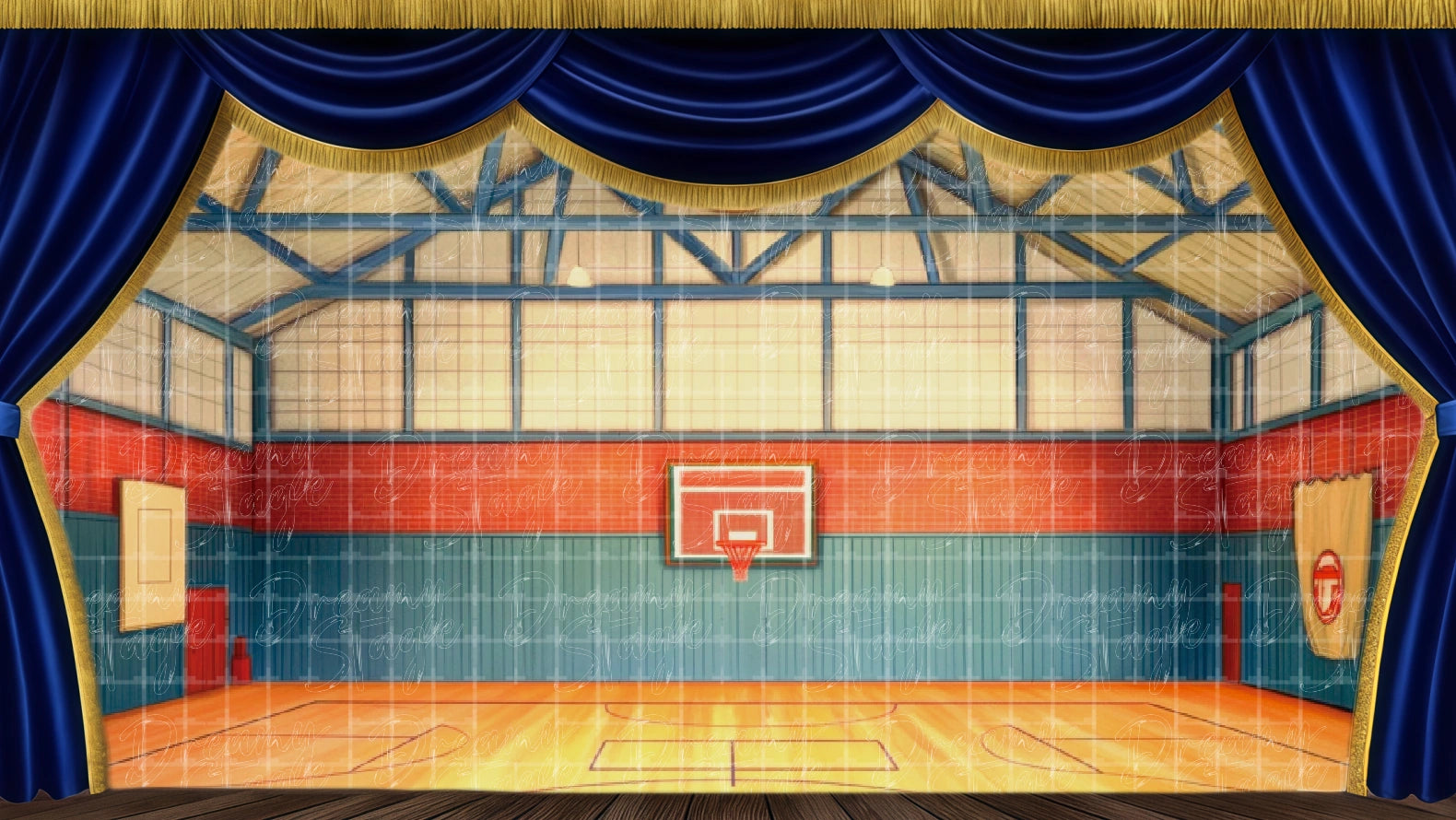 Gymnasium backdrop with basketball court, ideal for Footloose dance scenes. Digital stage backdrop for HD projection, virtual scenery, and theatrical use.