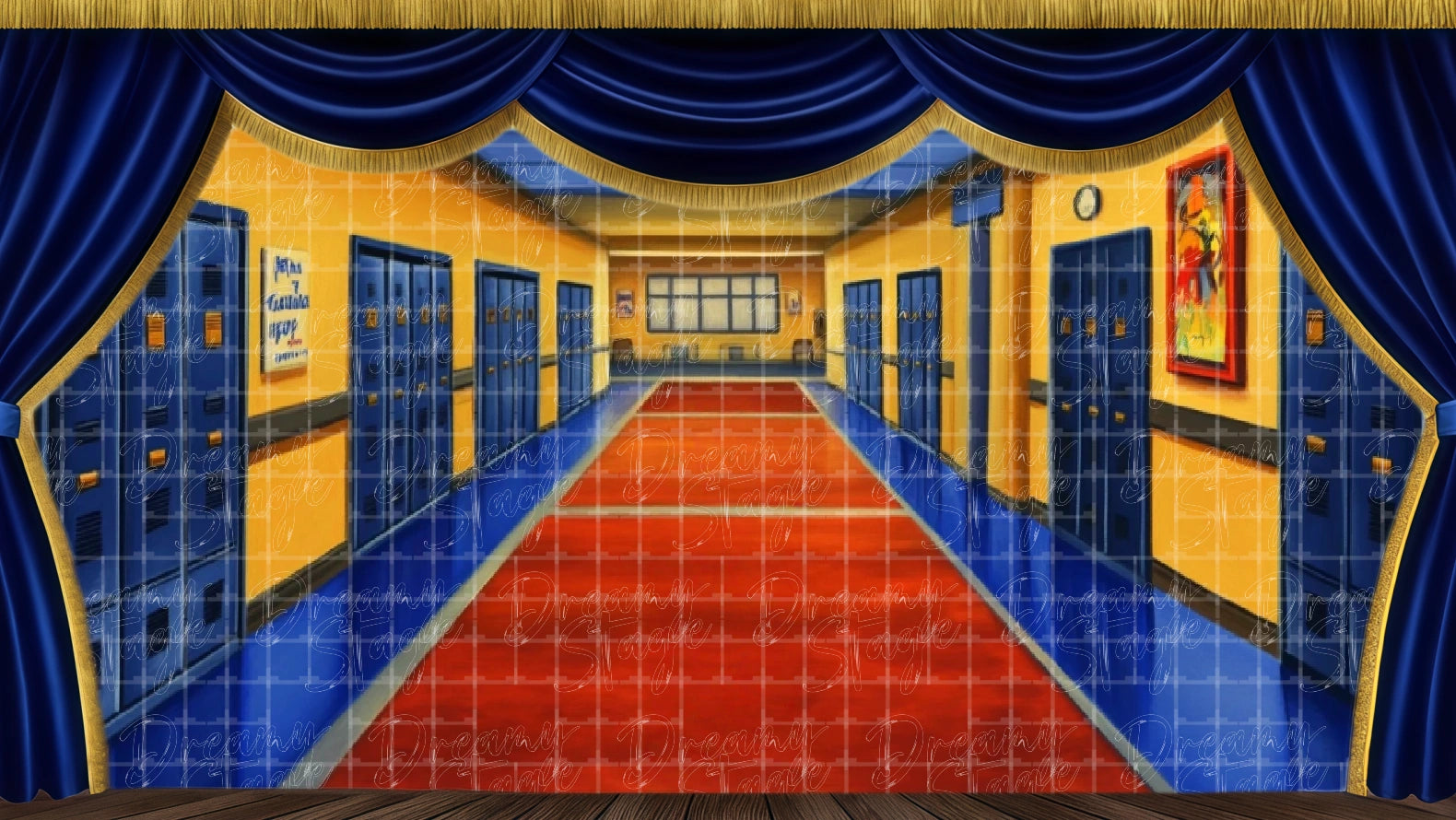School hallway with lockers, ideal for Footloose student scenes. Digital stage backdrop for HD projection, virtual scenery, and theatrical use.