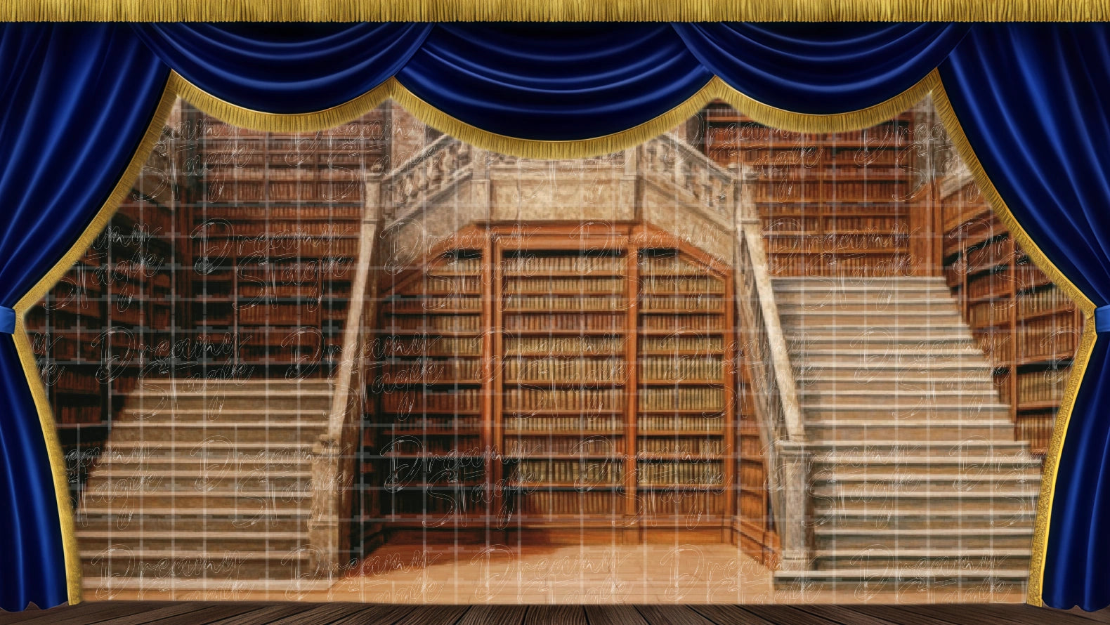 Interior staircase backdrop, ideal for Footloose school transitions. Digital stage backdrop for HD projection, virtual scenery, and theatrical use.