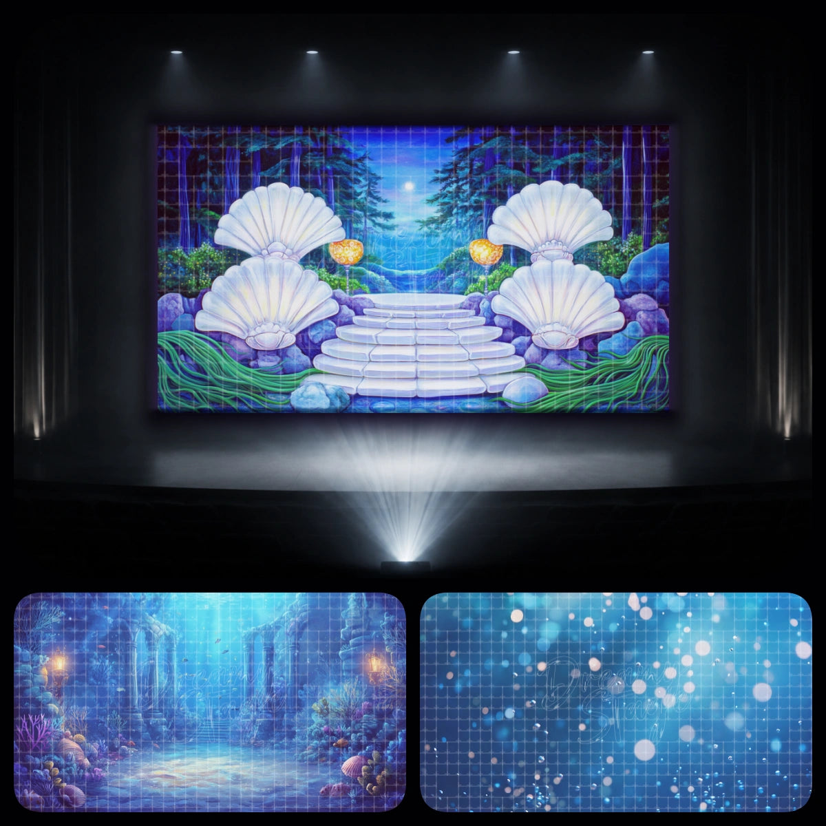 Seashell stairway mini backdrop bundle featuring underwater palace ruins, soft bubble light, and ocean blue scenery. Ideal for dance recitals, mermaid ballet, school performances, VBS ocean programs, and undersea stage projection.
