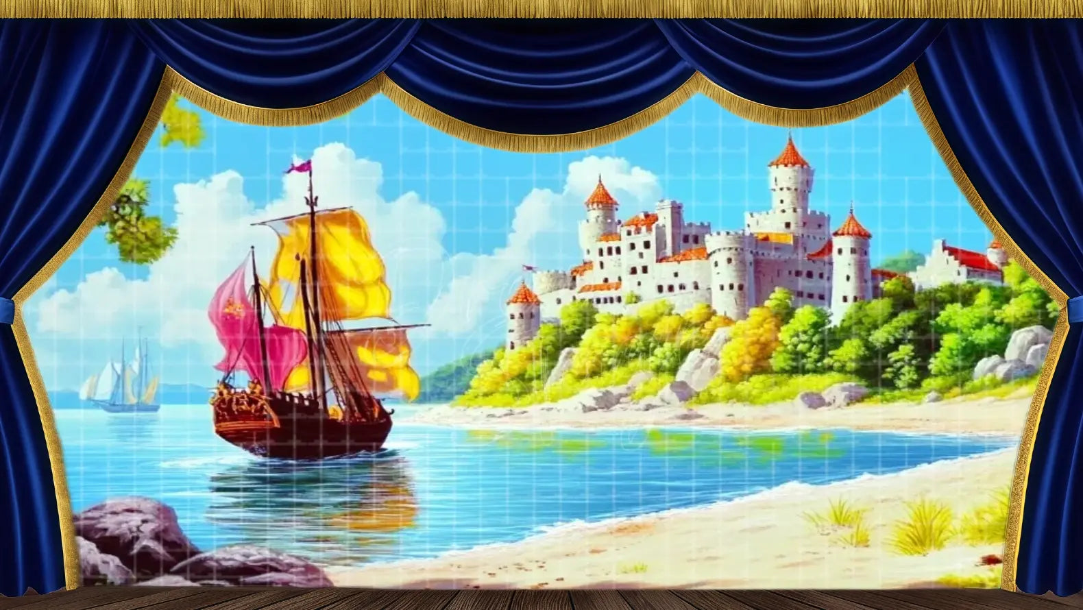 Coastal castle with dock and boats. Ideal for final act or return-home scenes.