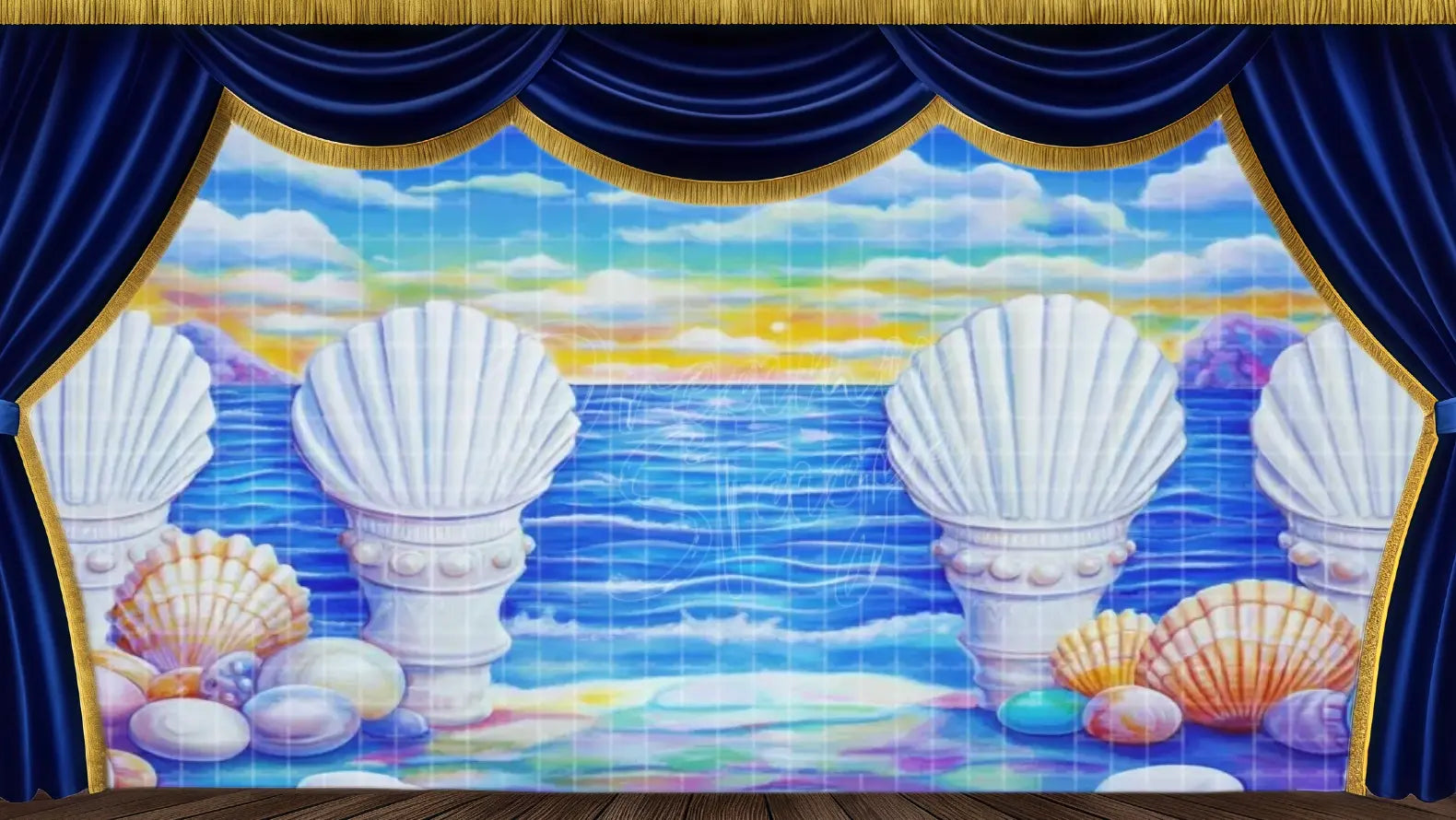 Shell gate opening to bright ocean shore. Great for beach transitions & mermaid plays.