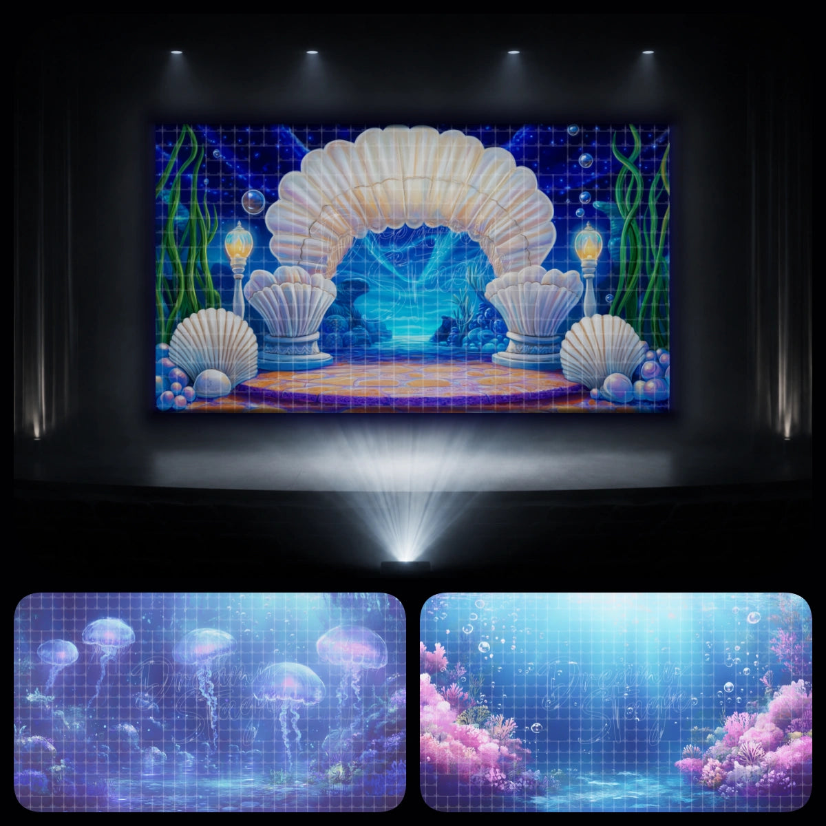 Under the Sea digital backdrop bundle with shell palace stage scenery, glowing jellyfish, and coral reef backgrounds. Perfect for mermaid dance numbers, ballet recitals, youth theatre, children’s performances, and ocean-themed stage projection.