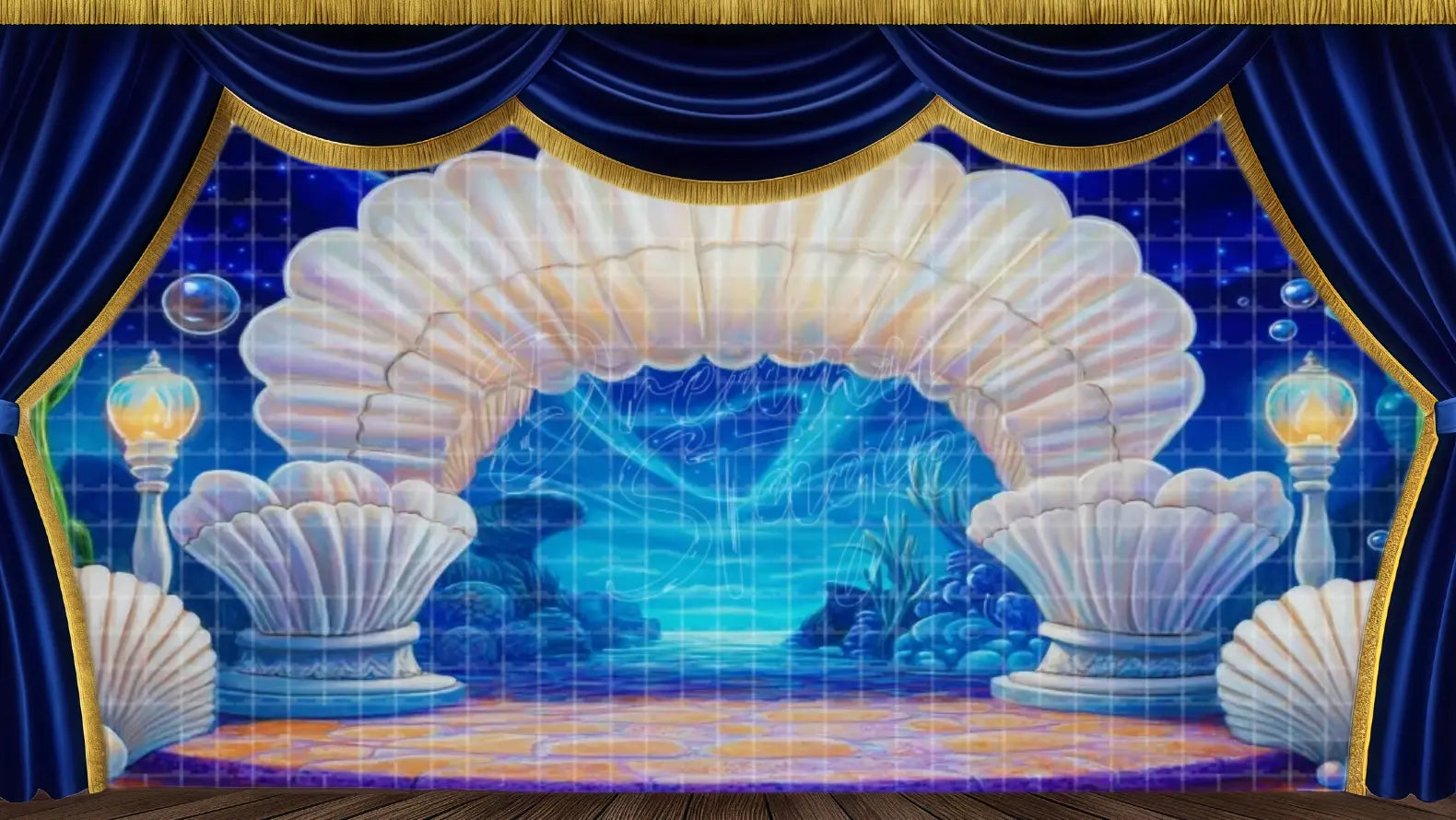 Grand seashell throne hall inside ocean palace. Ideal for mermaid musicals & royalty scenes.