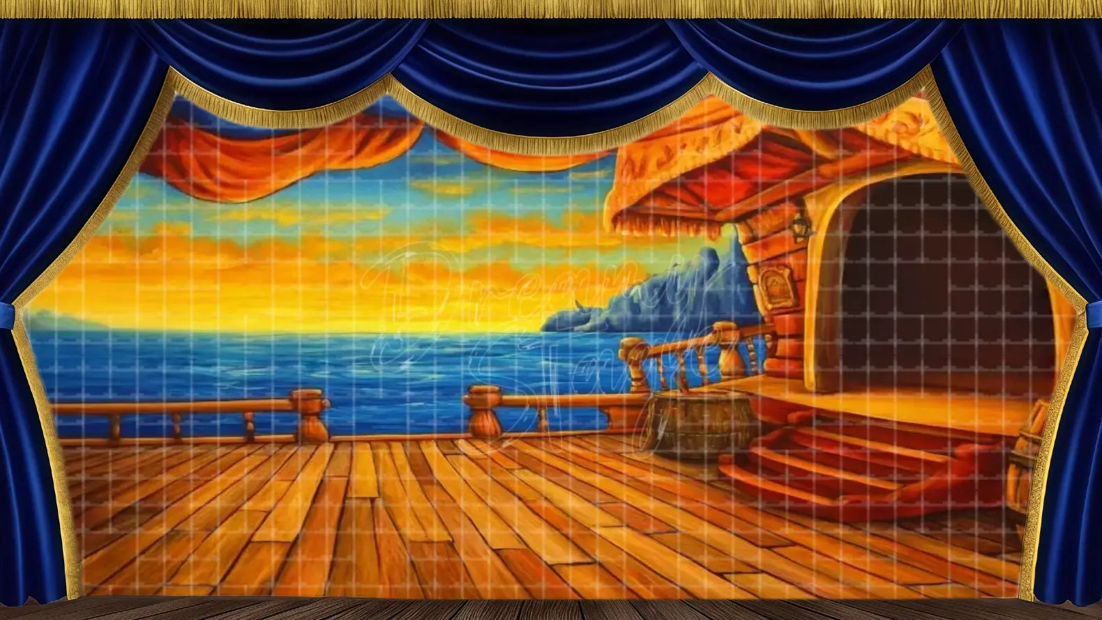 Wooden bow overlooking golden sunset seas. Ideal for journey scenes in musicals.