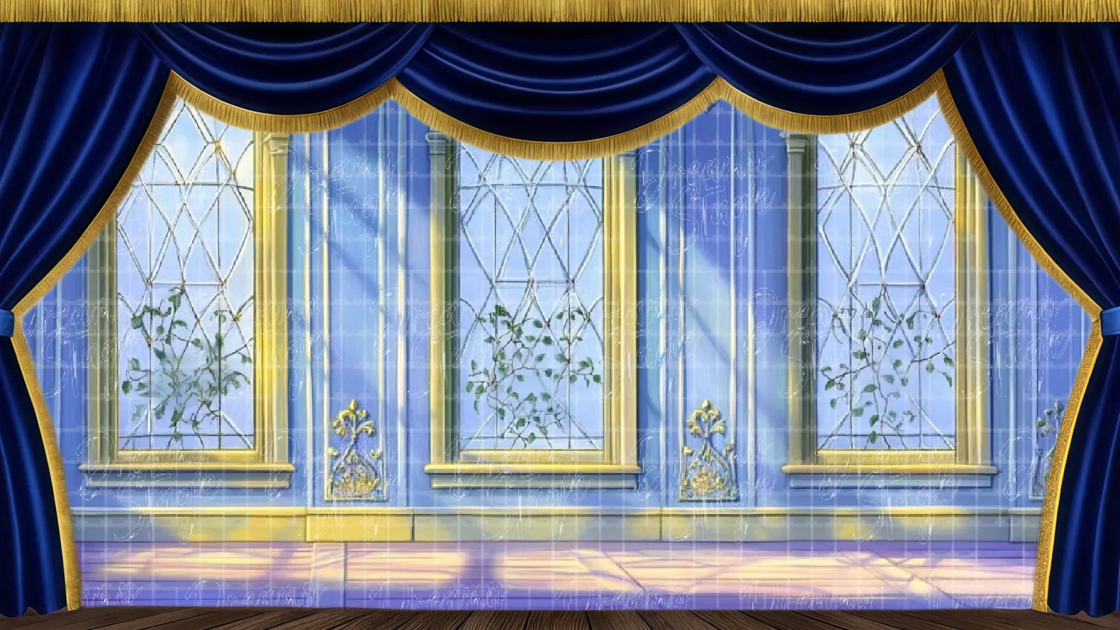 Abandoned palace interior stage backdrop featuring vines, spider webs and thorn-covered windows. Ideal for Sleeping Beauty enchanted sleep scene in ballet productions.