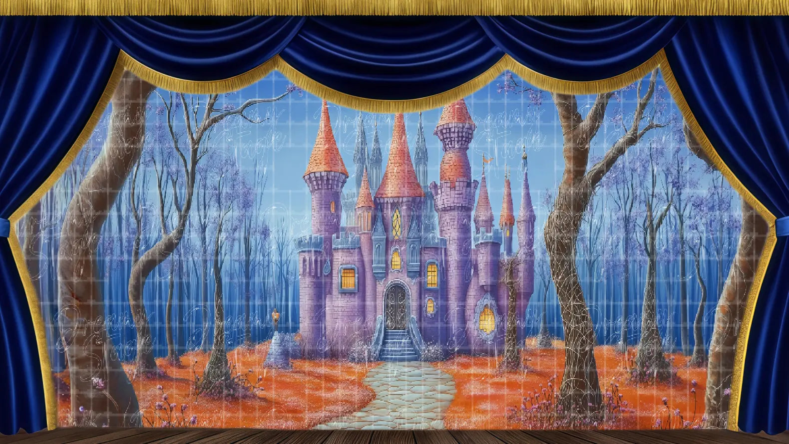 Autumn forest castle exterior stage backdrop for Sleeping Beauty theatre productions. Ideal for fairy tale musical and ballet scenery.