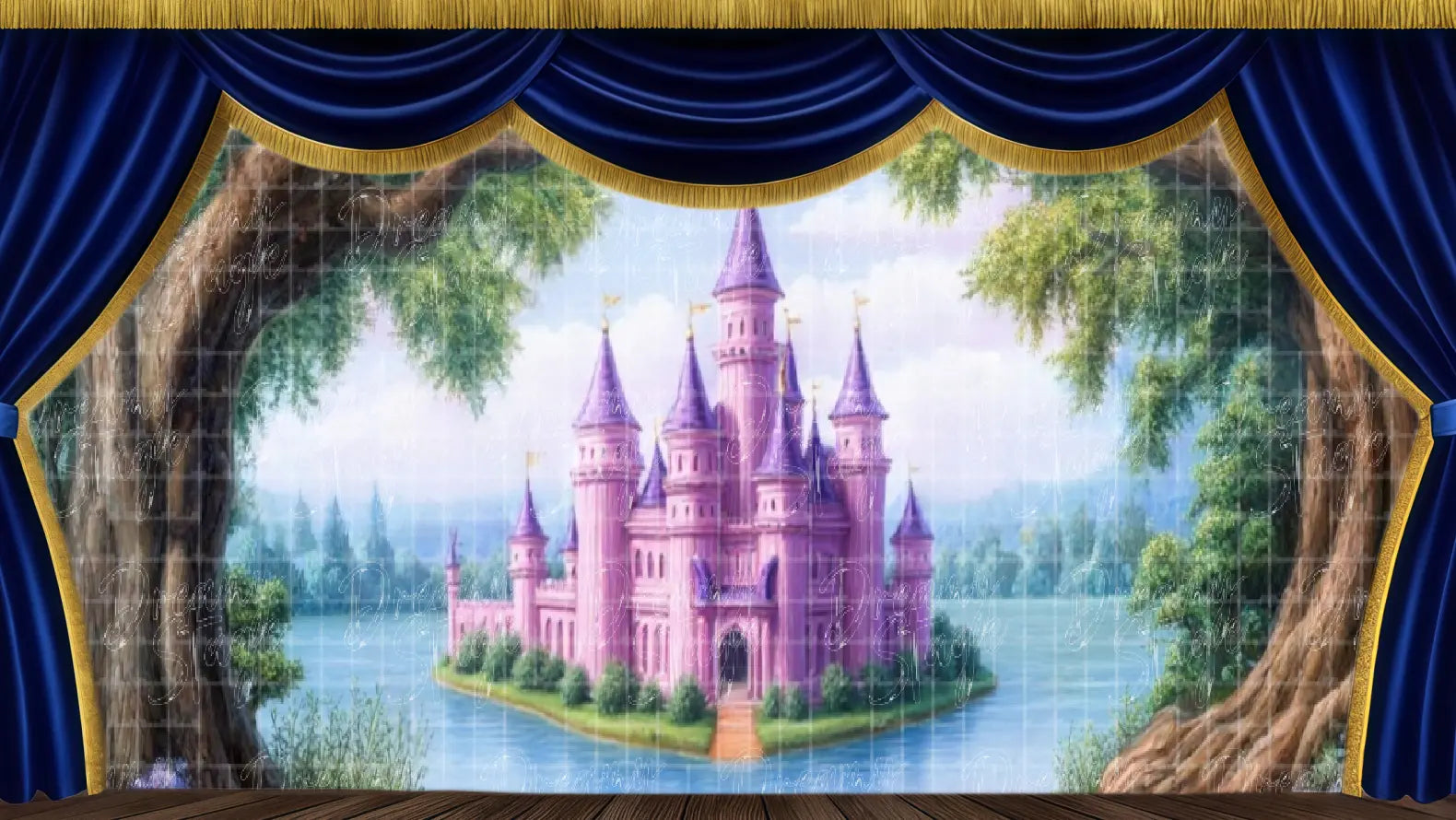 Enchanted pink castle by a lake stage backdrop for Sleeping Beauty productions. Ideal scenic backdrop for ballet, youth theatre and fairy tale musical performances.