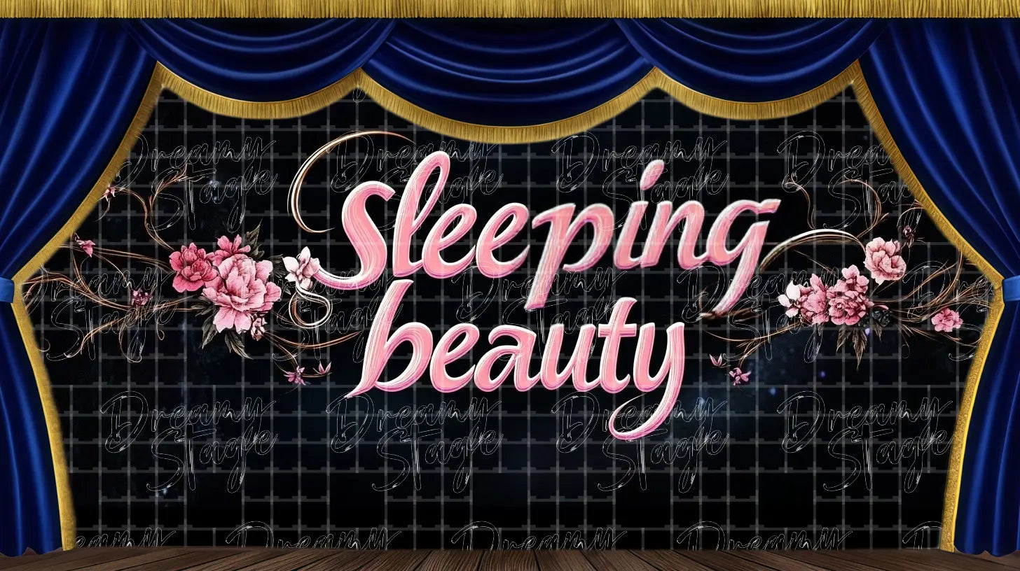 Sleeping Beauty title banner stage backdrop featuring elegant script lettering and floral accents. Ideal theatrical backdrop for ballet productions, school musicals and fairy tale stage performances.