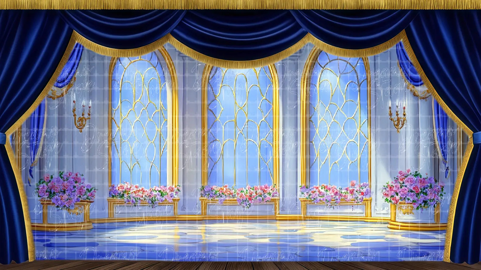 Grand palace ceremony hall stage backdrop featuring arched windows and royal decor. Ideal for princess ballet and school theatre productions.