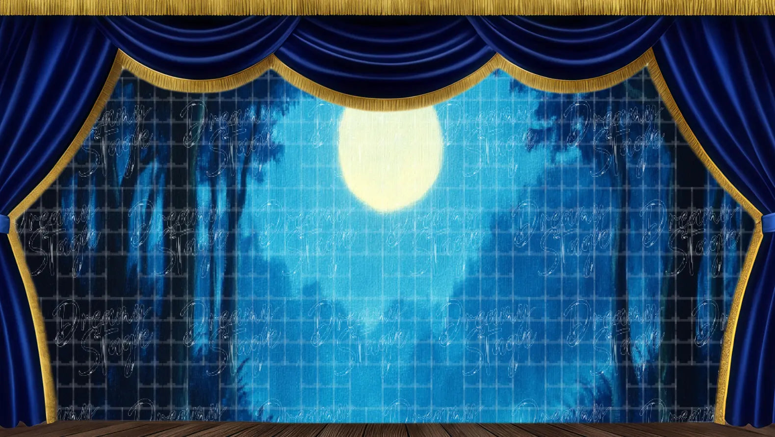 Moonlit woodland clearing stage backdrop ideal for awakening or magical transformation scenes in Sleeping Beauty productions.