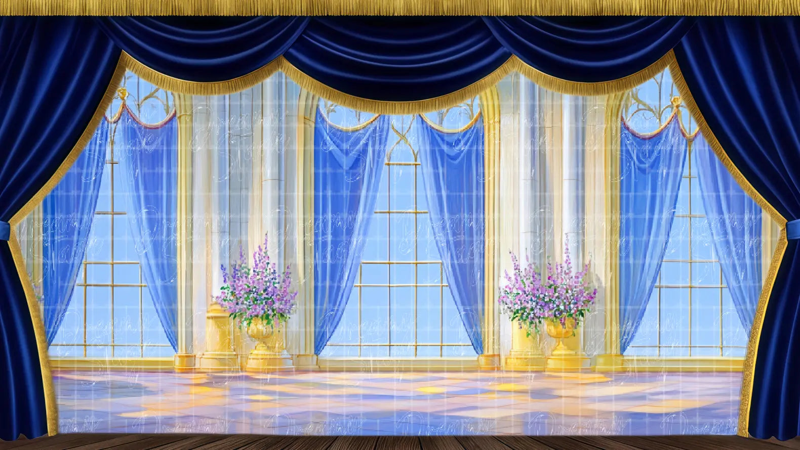 Bright palace celebration interior stage backdrop for Sleeping Beauty christening or royal ceremony scenes. Ideal for ballet recital and musical theatre productions.