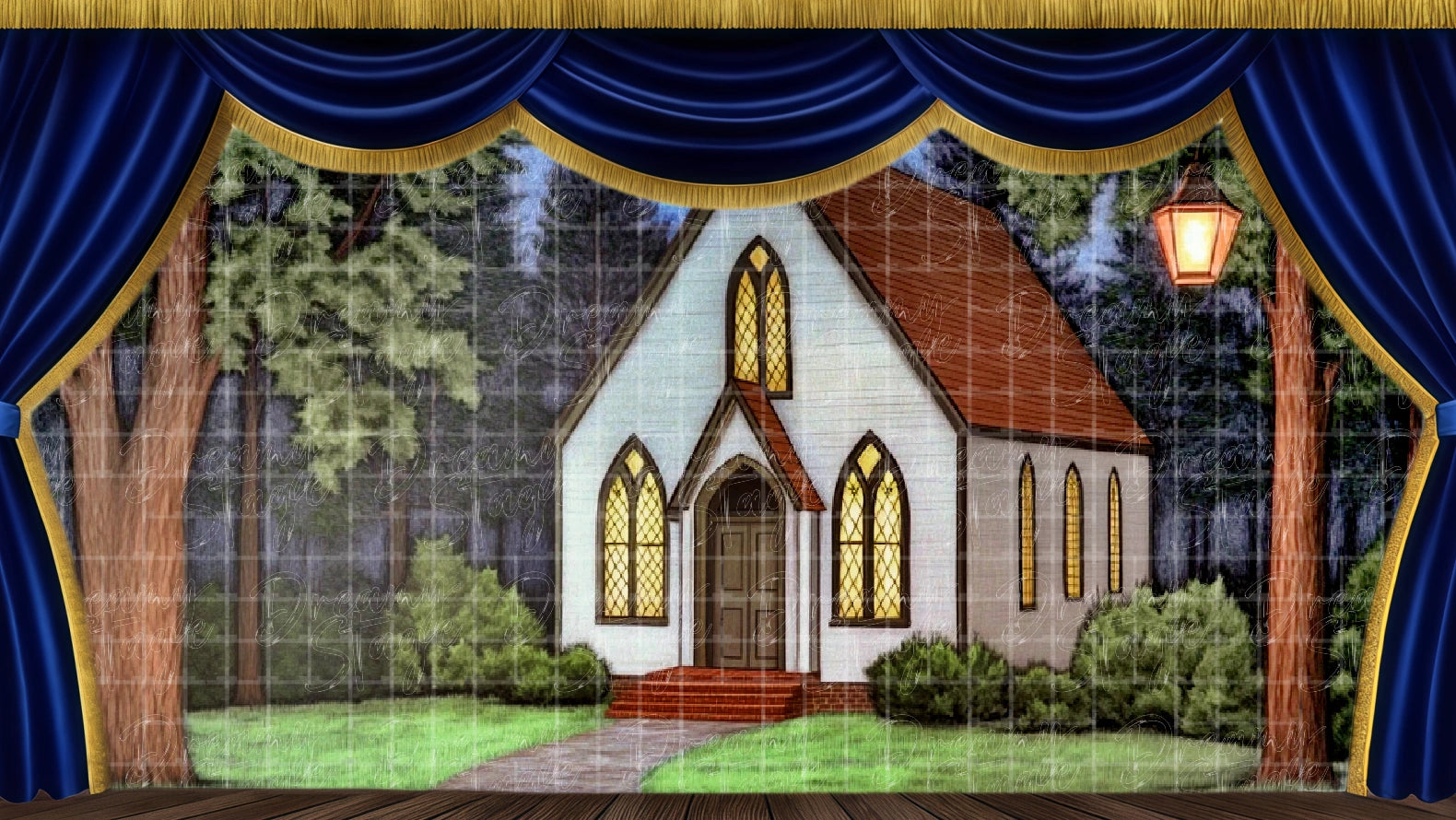 Church exterior backdrop with trees and pathway, ideal for Footloose religious and community scenes. Digital stage backdrop for HD projection, virtual scenery, and theatrical use.