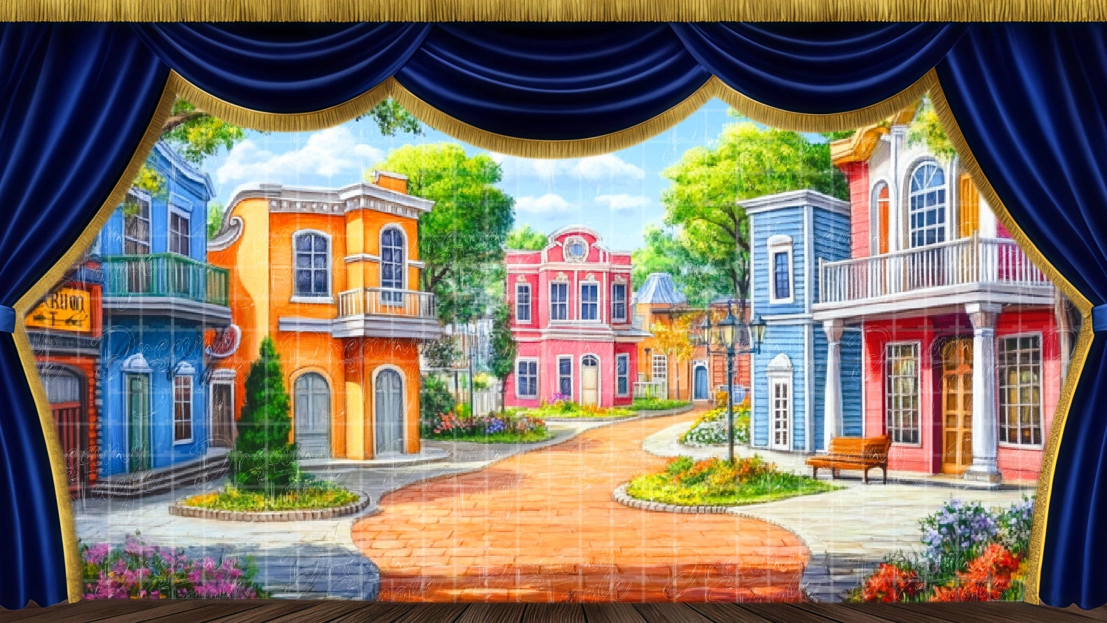 Colorful small town street backdrop with houses and trees, ideal for Footloose musical town scenes. Digital stage backdrop for HD projection, virtual scenery, and theatrical use.