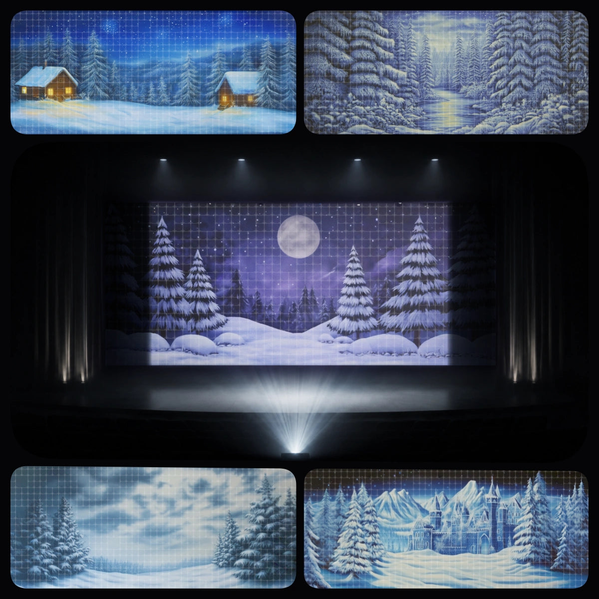 Snow Camp essential digital backdrop bundle featuring snowy cabin scenes, winter forest paths, moonlit pine woods, snow-covered village, frozen landscape, and alpine mountain scenery for instant download stage projection, VBS winter camp, Bible camp, church kids ministry, school winter plays, and children’s performances.