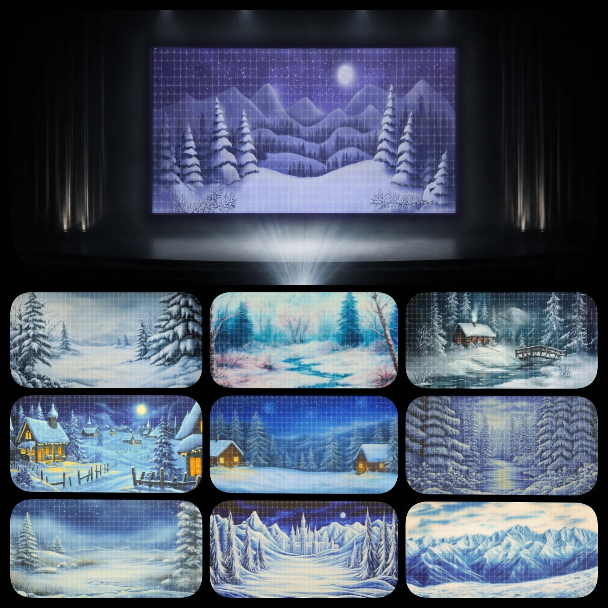 Snow Mountain complete digital backdrop bundle featuring snowy pine forest, winter village cabins, frozen landscape, moonlit mountain scenery, icy forest paths, snow castle views, and alpine stage backgrounds for instant download projection, winter camp events, Snowball Mountain Challenge programs, church kids ministry, school performances, dance recitals, and holiday theatre productions.