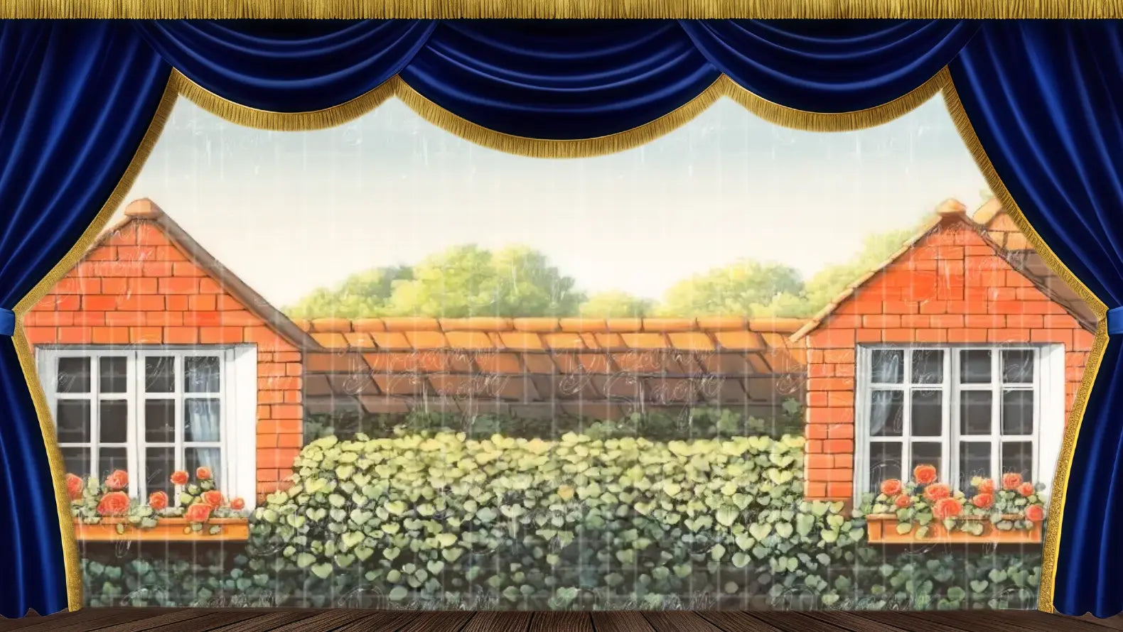 Elegant illustration of the Snow Queen leading white horses in a frosty winter scene, designed for Frozen ballet stage backdrops and fairytale theater productions