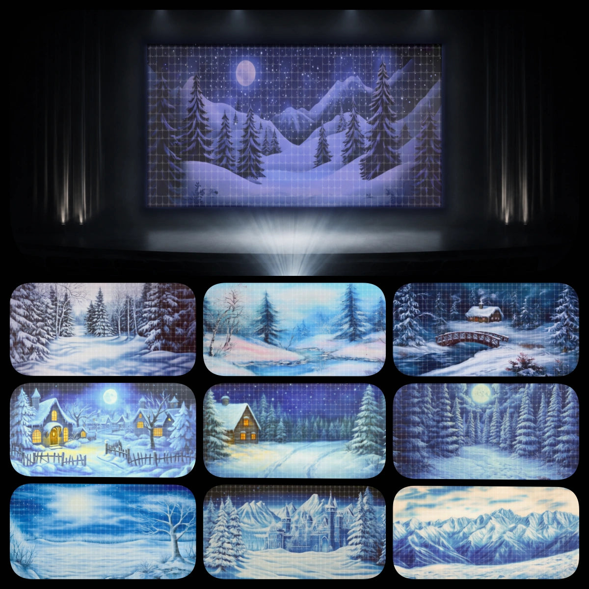 Snowball Adventure complete digital backdrop bundle featuring snowy forests, winter cabins, frozen bridges, moonlit pine woods, alpine mountain scenery, snow castle views, and icy landscape backgrounds for instant download stage projection, Snowball Mountain Challenge, VBS winter themes, church kids ministry, school plays, children’s theatre, and holiday performances.