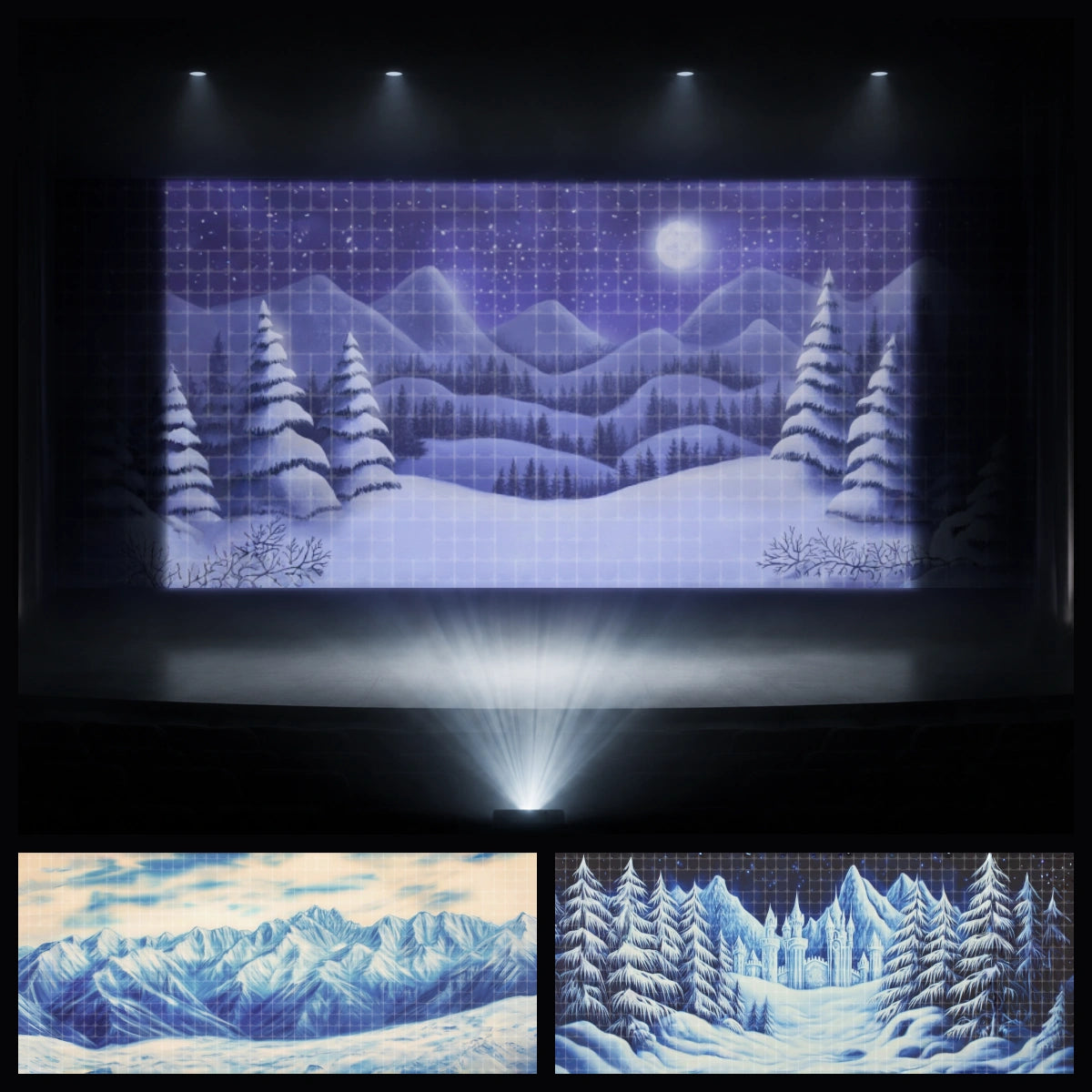 Snowball Mountain Challenge mini digital backdrop bundle featuring snowy mountain scenery, winter forest landscape, and distant snow castle stage projection scenes for instant download winter camp events, VBS winter themes, church kids ministry, school plays, children’s theatre, holiday performances, and snow adventure productions.