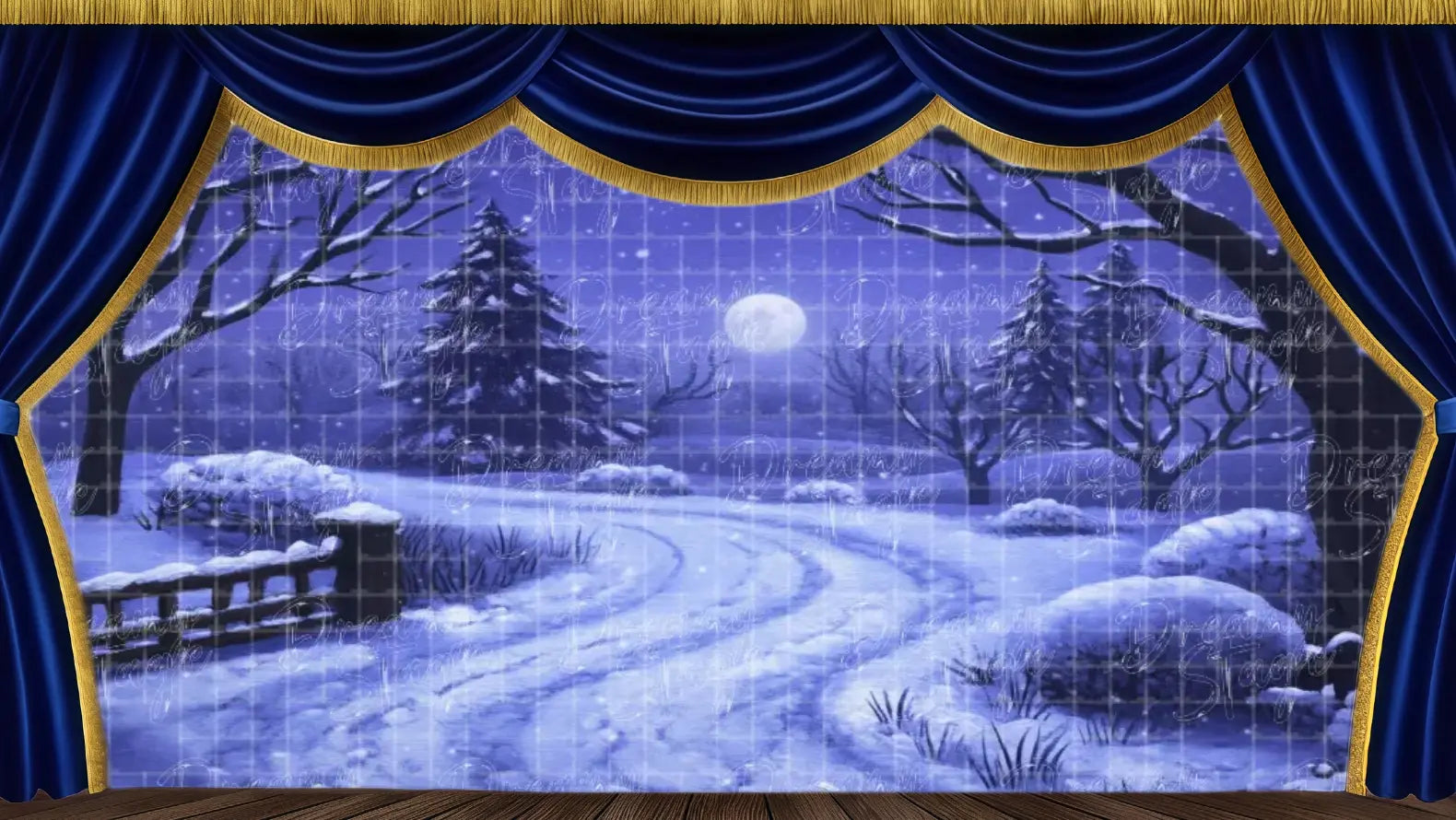 Winding snow-covered trail through a moonlit winter forest, with bare trees and falling snow — perfect for solemn journey scenes in The Snow Queen or seasonal theatrical productions