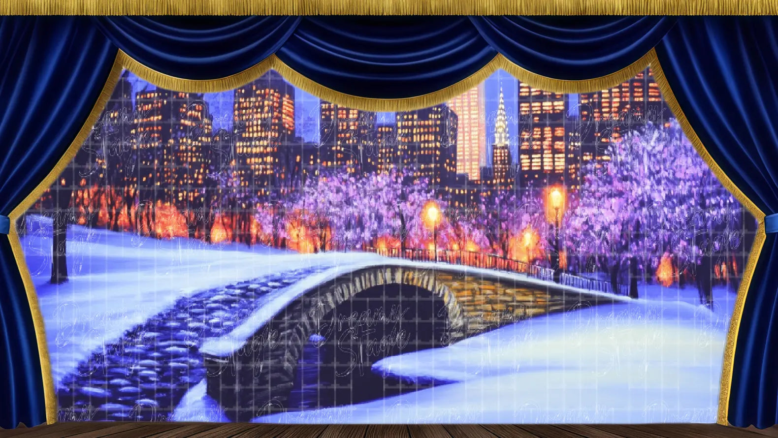 Winter night bridge stage backdrop with gothic city skyline and snow. Ideal musical theatre transition scene.