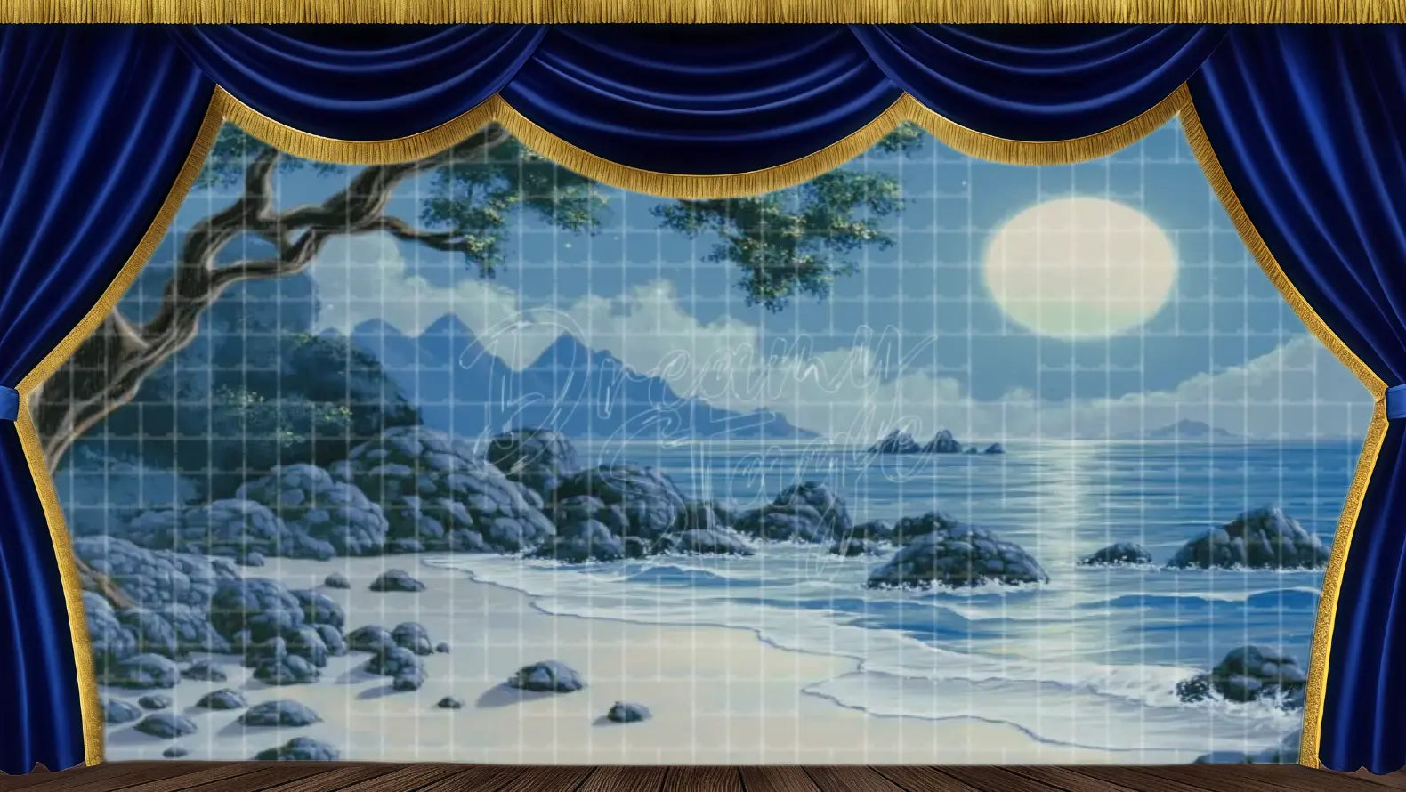 Frozen seaside with snow banks. Great for seasonal musicals.