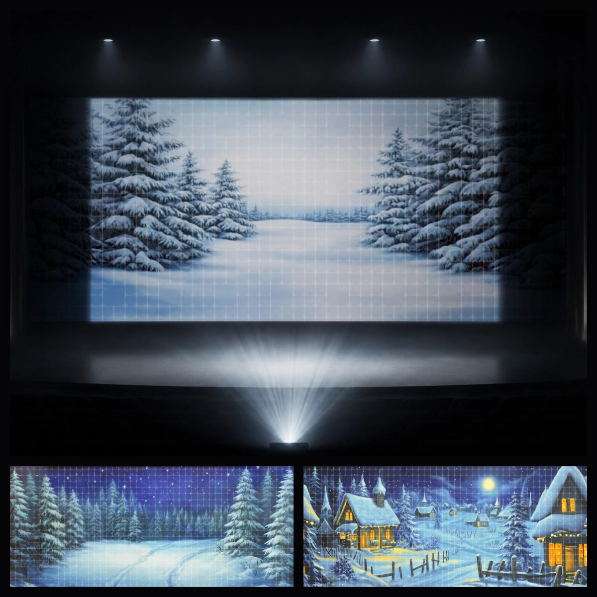 Snowy Trail mini digital backdrop bundle featuring snow-covered forest path, icy winter landscape, and snowy village scenery for instant download stage projection, winter camp activities, church kids ministry, VBS winter themes, school plays, children’s theatre, and mountain adventure events.
