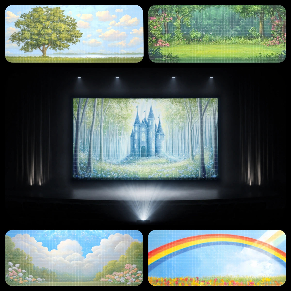 Soft spring garden dance recital bundle with tree meadow, fluffy cloud sky, green forest clearing, misty castle woods, and rainbow field backdrops for lyrical dance, ballet recitals, and school stage projection.