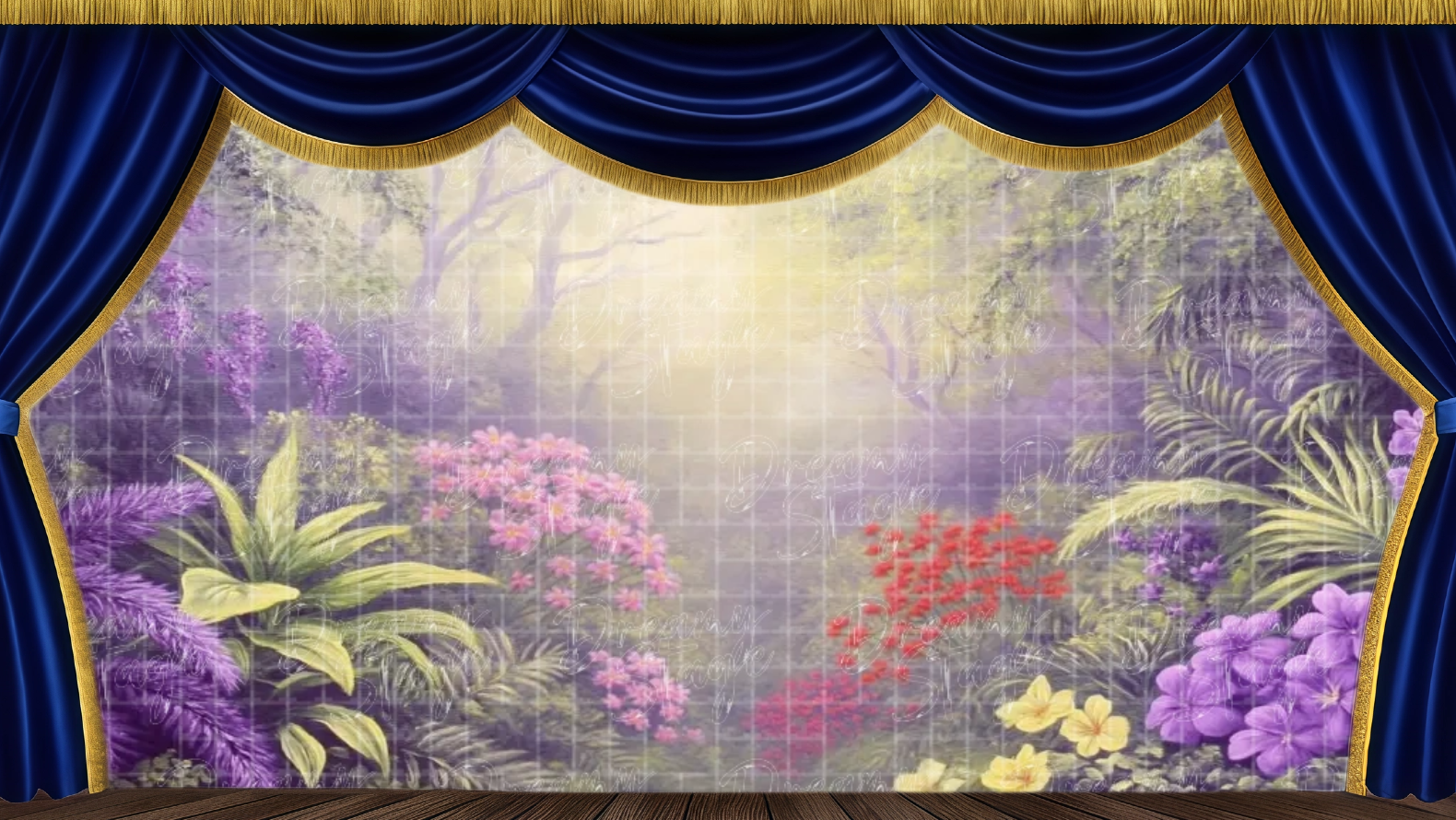 Misty enchanted jungle stage backdrop featuring soft lighting, bright flowers, and lush foliage. Suitable for jungle transformation scenes in Lion King productions.
