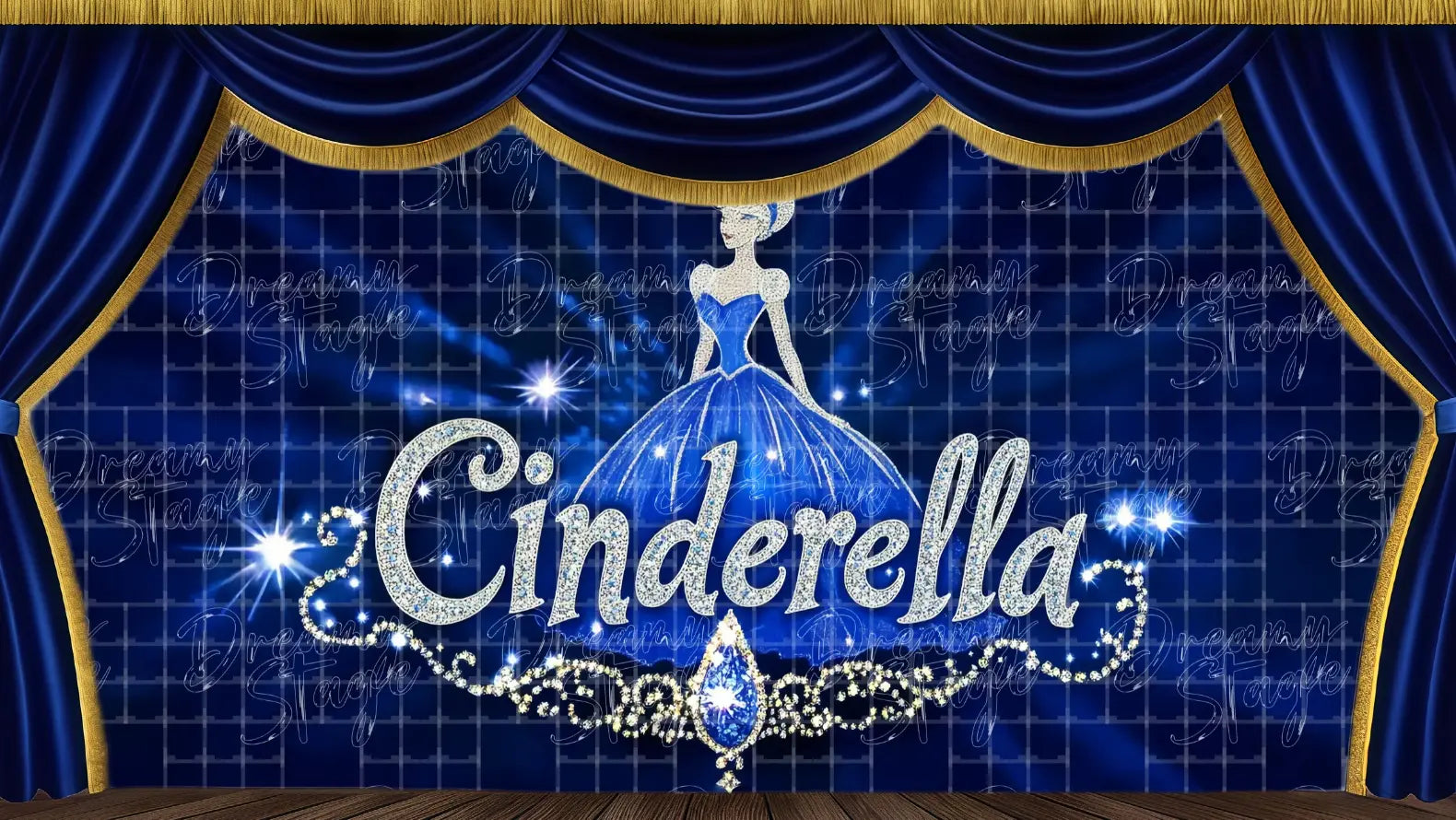 A sparkling Cinderella title on a deep blue starry background, perfect as a logo banner stage backdrop for musical theatre, school plays, or fairytale photo ops.