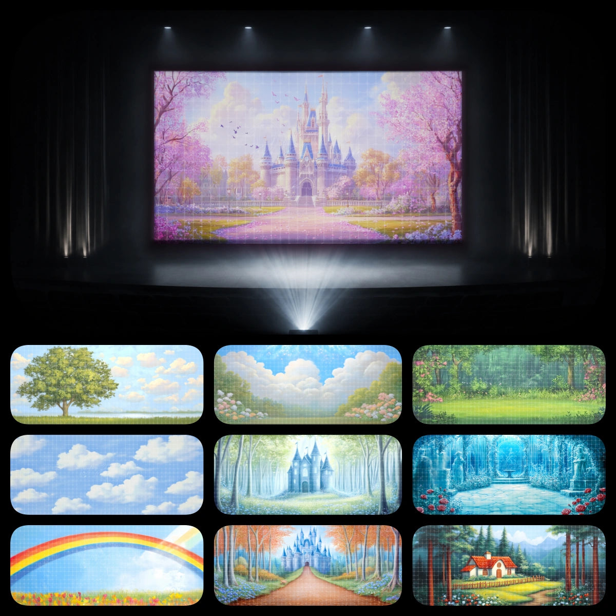 Spring fairytale garden dance recital bundle featuring a pink castle garden, blue sky, rainbow field, poppy meadow, forest clearing, icy palace garden, and countryside cottage scenes for children’s dance recitals and magical stage projection.