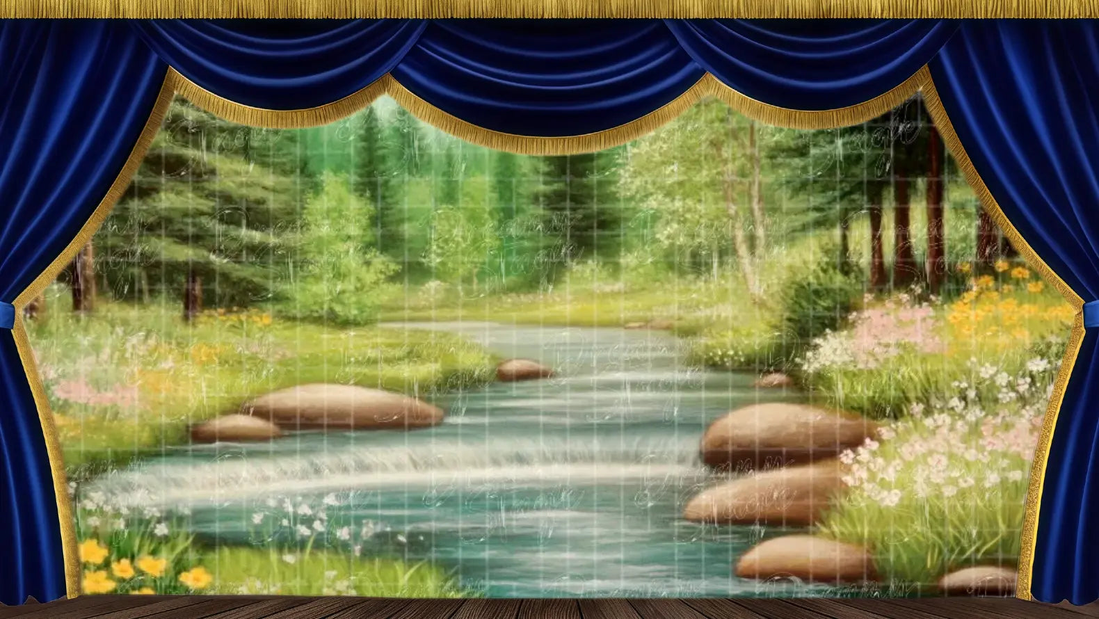 Peaceful springtime forest stream with wildflowers, soft rapids, and lush greenery – ideal for journey scenes in The Snow Queen ballet or fairytale plays