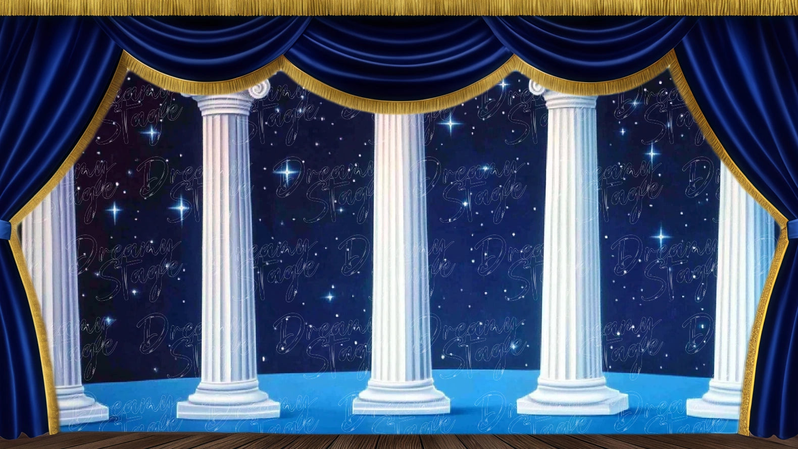 Starry terrace backdrop with white columns and night sky for classical fantasy productions. Digital stage backdrop for HD projection, virtual scenery, and theatrical use.