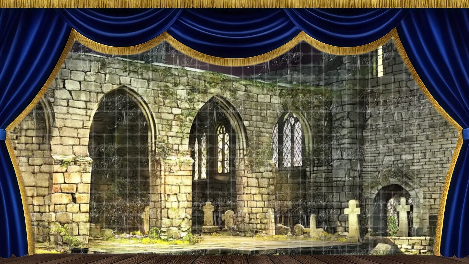 Stone archway ruins stage backdrop designed for historical theatre scenes and musical productions.
