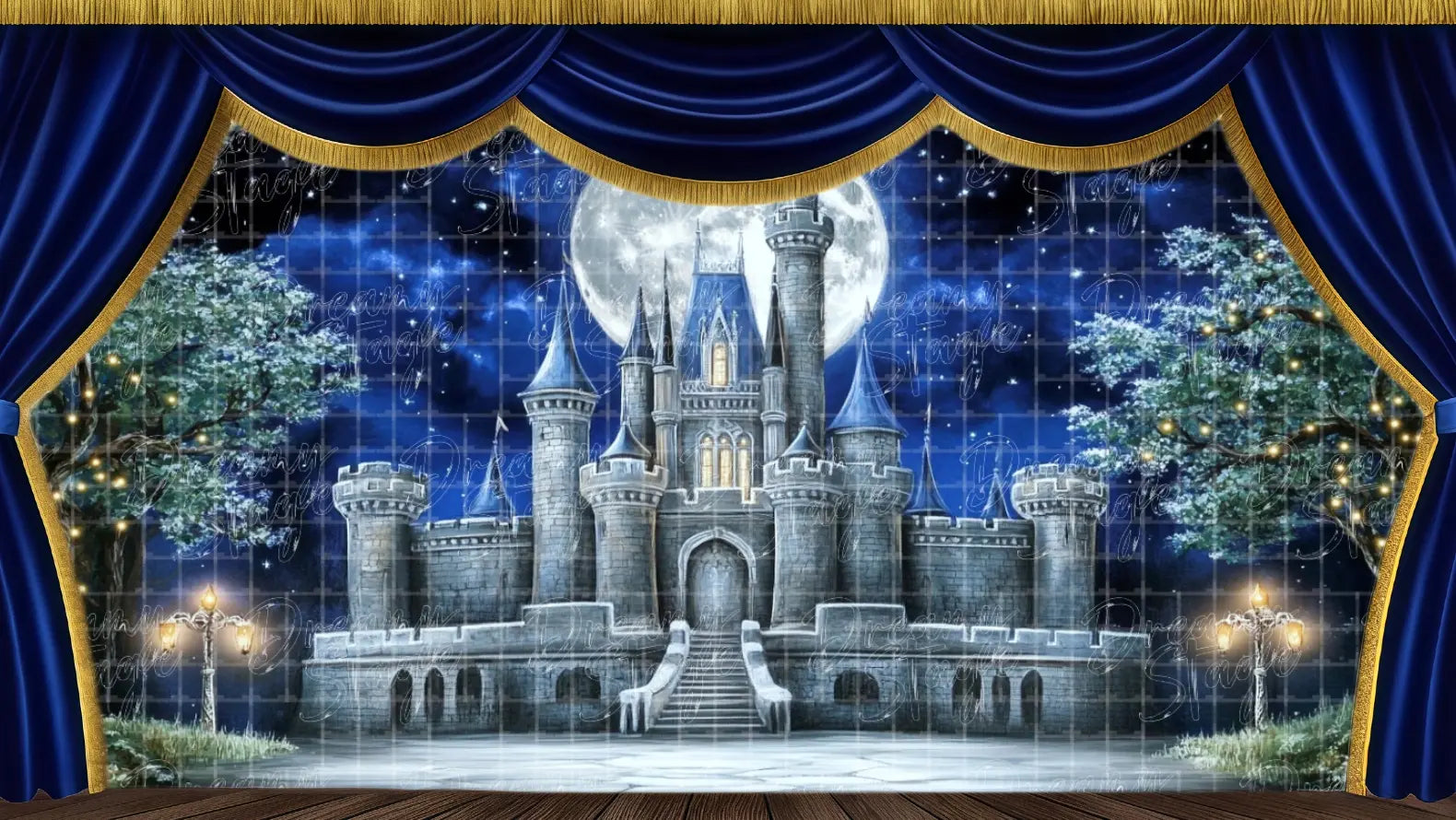 A moonlit castle tower terrace with stone railing, overlooking a grand castle dome and dreamy forest beyond. Ideal for soliloquies, love duets, or dramatic turning points.
