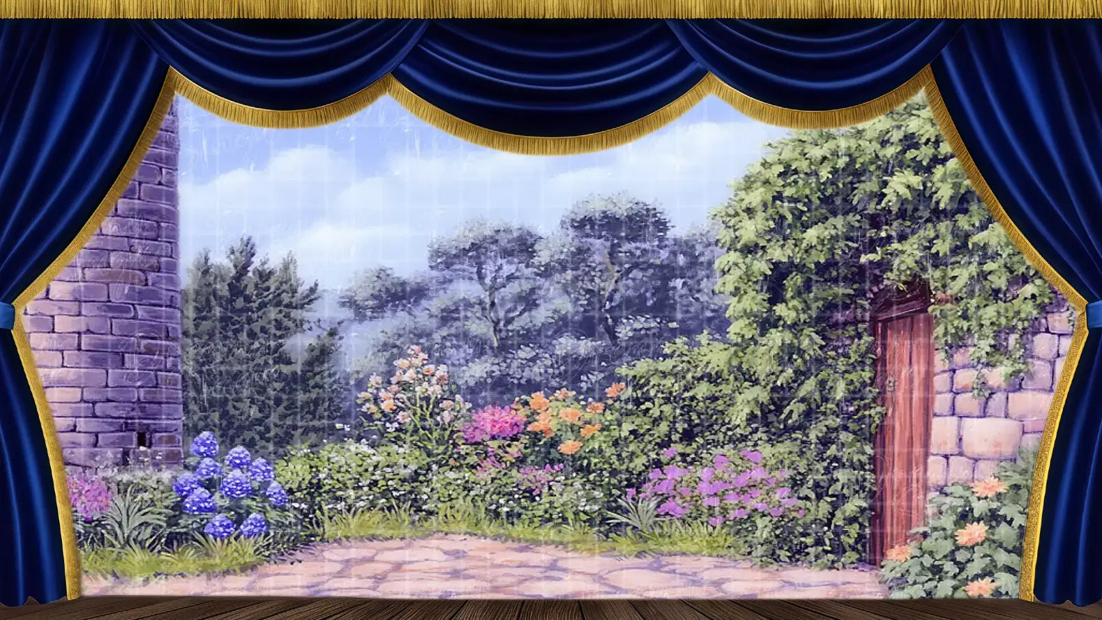 Illustrated garden courtyard with climbing ivy, vibrant flowers, a round stone tower, and a wooden door — perfect for enchanted scenes in The Snow Queen theater or ballet production