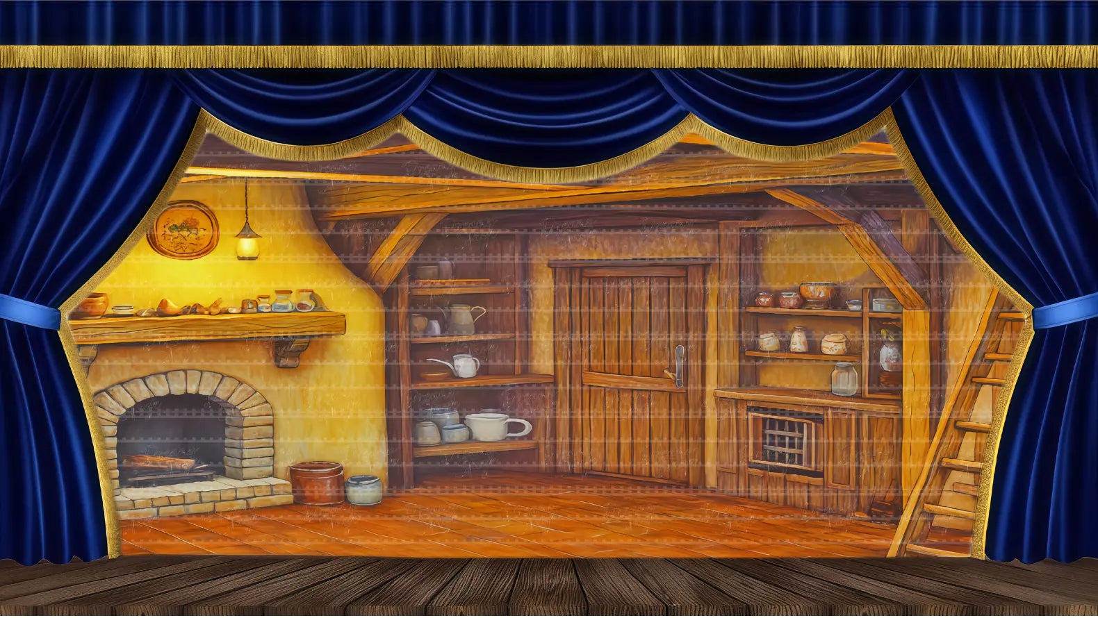 Warm wooden cottage interior stage backdrop. Ideal theatrical backdrop for musical storytelling scenes and school drama productions.