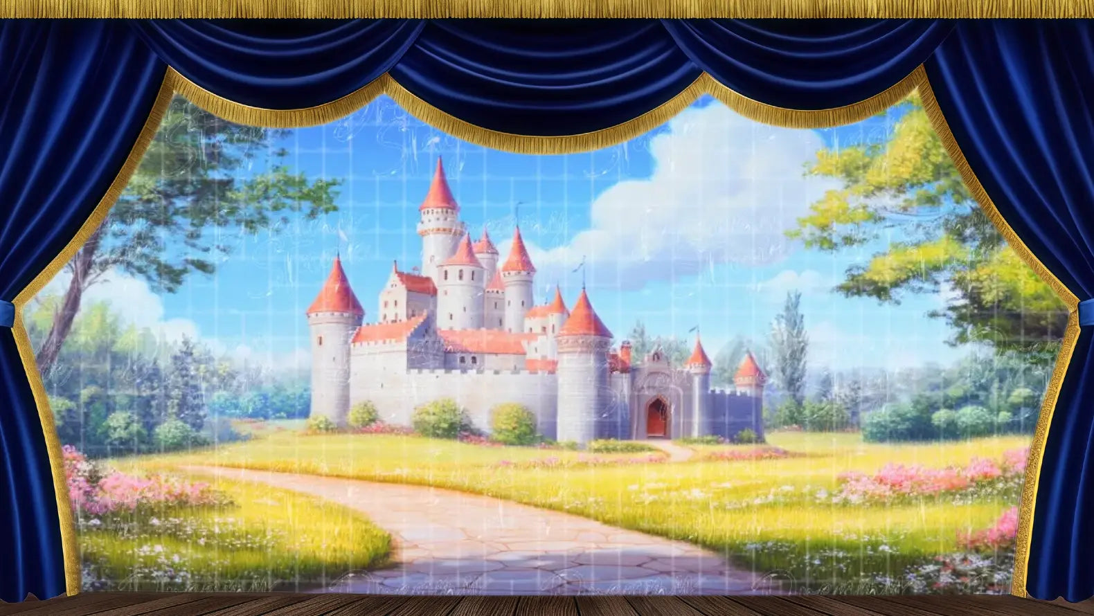 Fairytale castle with red rooftops, a garden path, and wildflowers under a bright blue sky — ideal for royal scenes in The Snow Queen or other fantasy stage productions