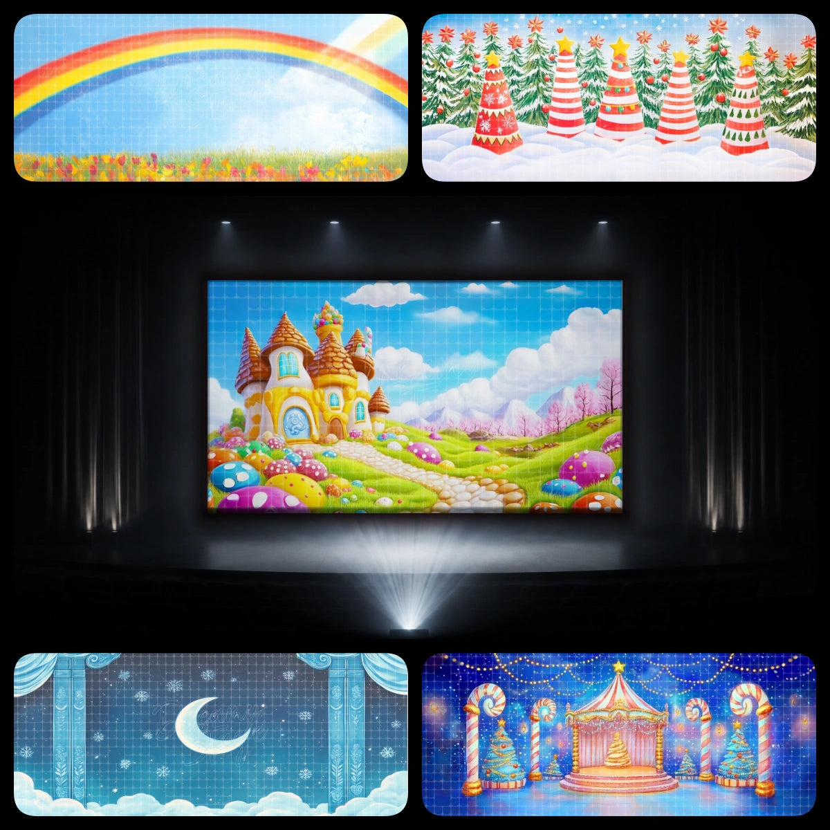 Sweet candy cottage dance recital backdrop bundle with rainbow meadow, candy cane Christmas stage, moonlit winter sky, and holiday performance backgrounds.