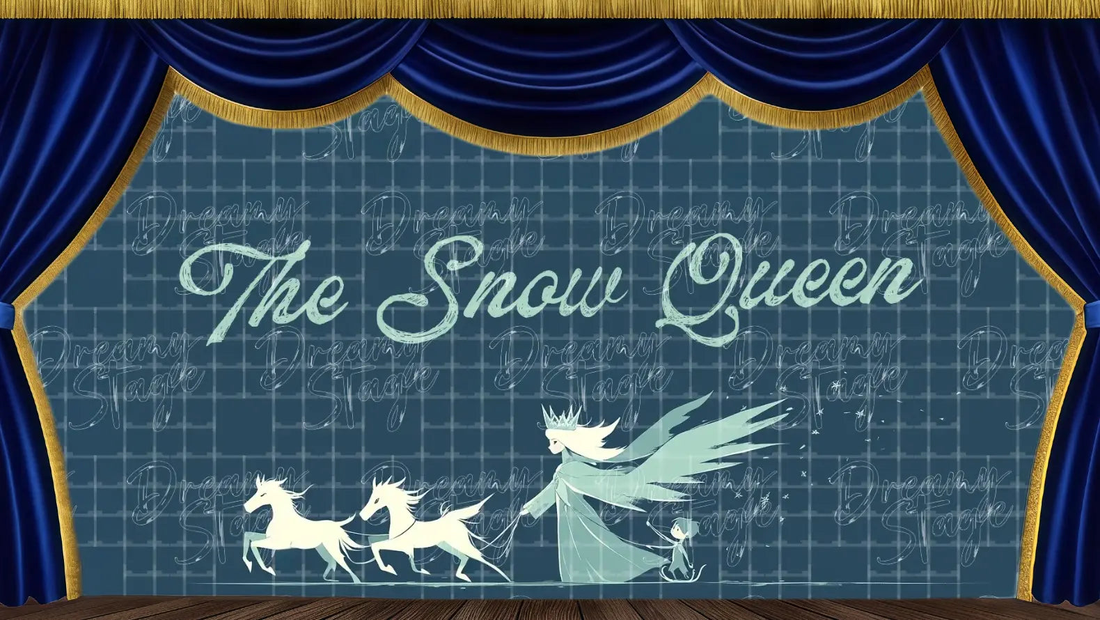 Minimalist illustration of the Snow Queen leading white horses through a snowy blue landscape, perfect for ballet or winter stage backdrops