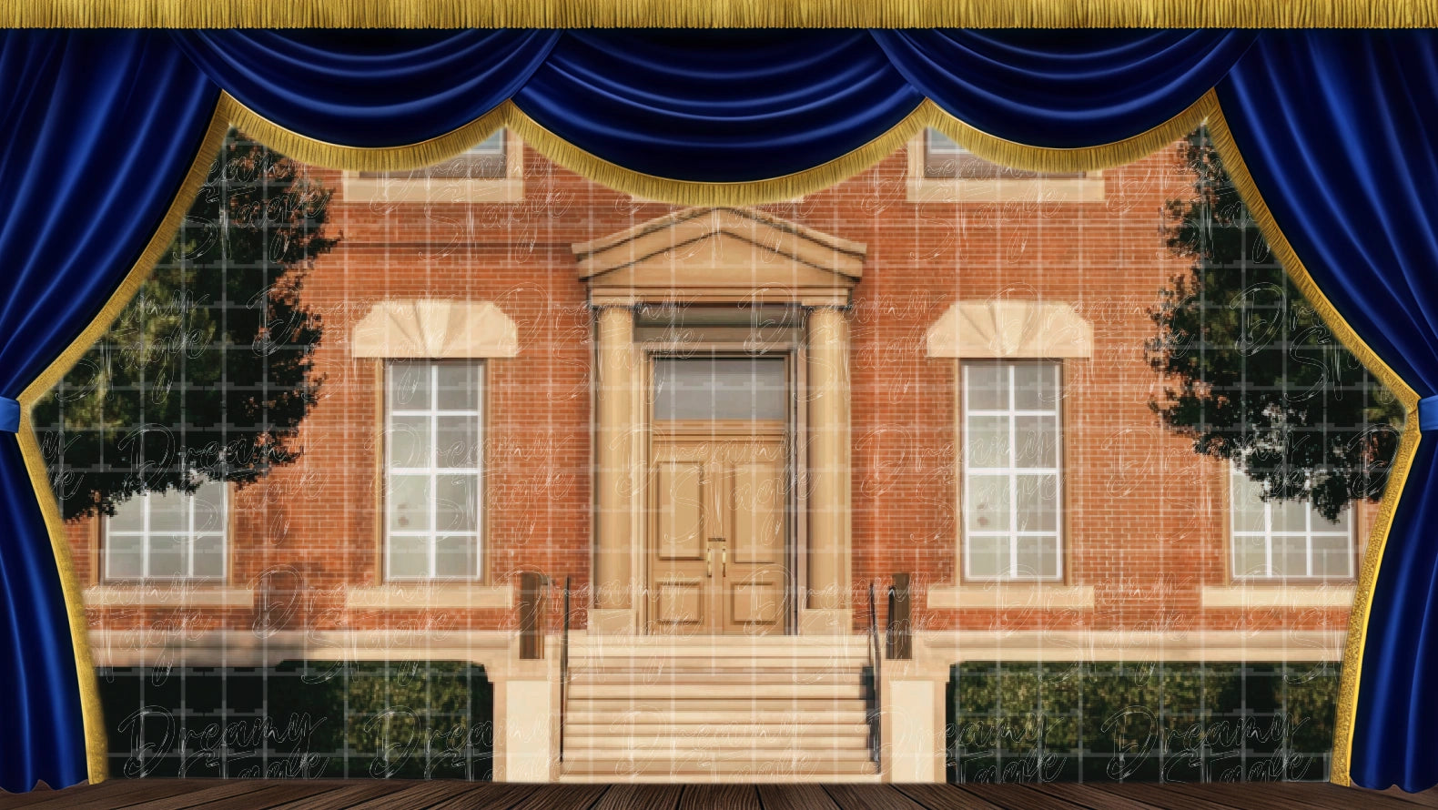 Town house exterior backdrop, ideal for Footloose neighborhood scenes. Digital stage backdrop for HD projection, virtual scenery, and theatrical use.