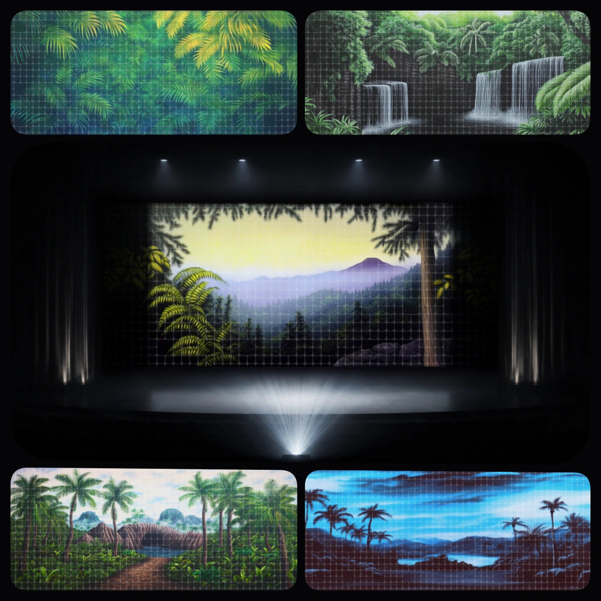 Tropical Forest essential digital backdrop bundle featuring rainforest foliage, jungle waterfall, forest trail, misty garden scenery, and tropical adventure backgrounds for instant download stage projection, school plays, VBS jungle events, children’s theatre, church kids ministry, and nature-themed productions.