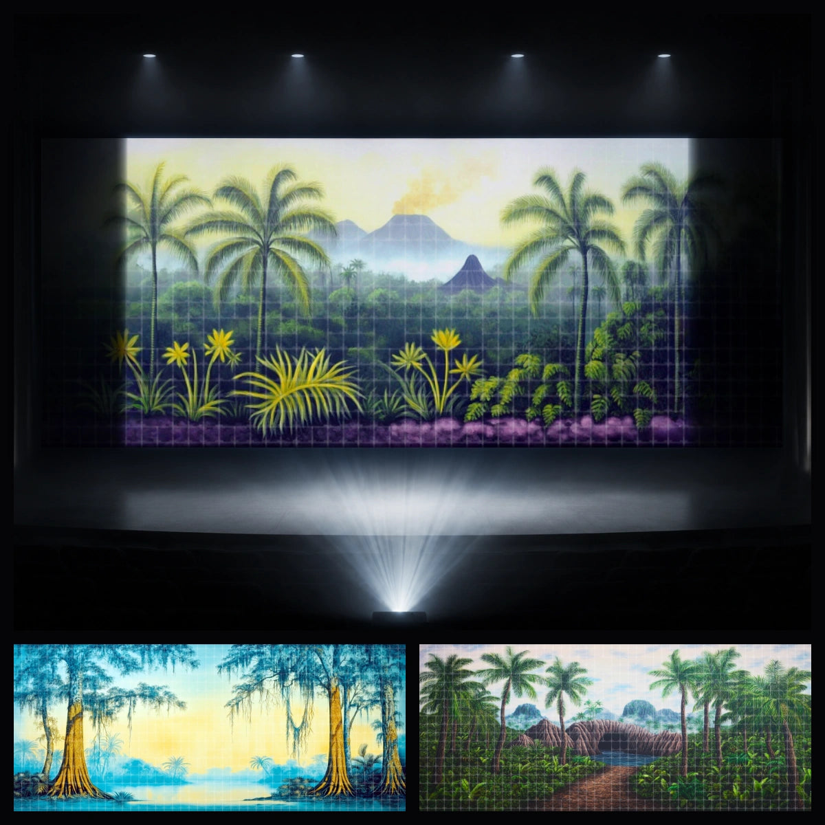 Tropical Journey mini digital backdrop bundle featuring palm forest scenery, swamp trees, tropical jungle river, and nature adventure backgrounds for instant download stage projection, VBS programs, church kids ministry, school performances, children’s theatre, dance recitals, and rainforest-themed events.