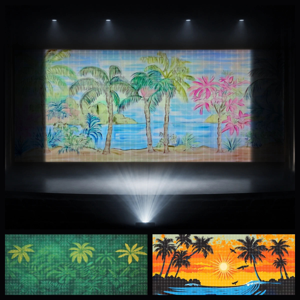 Tropical Shore mini digital backdrop bundle featuring bright palm beach scenery, ocean horizon, tropical foliage, and sunset island views for instant download digital stage projection, church kids ministry, VBS tropical events, school summer plays, dance recitals, and island-themed performances.