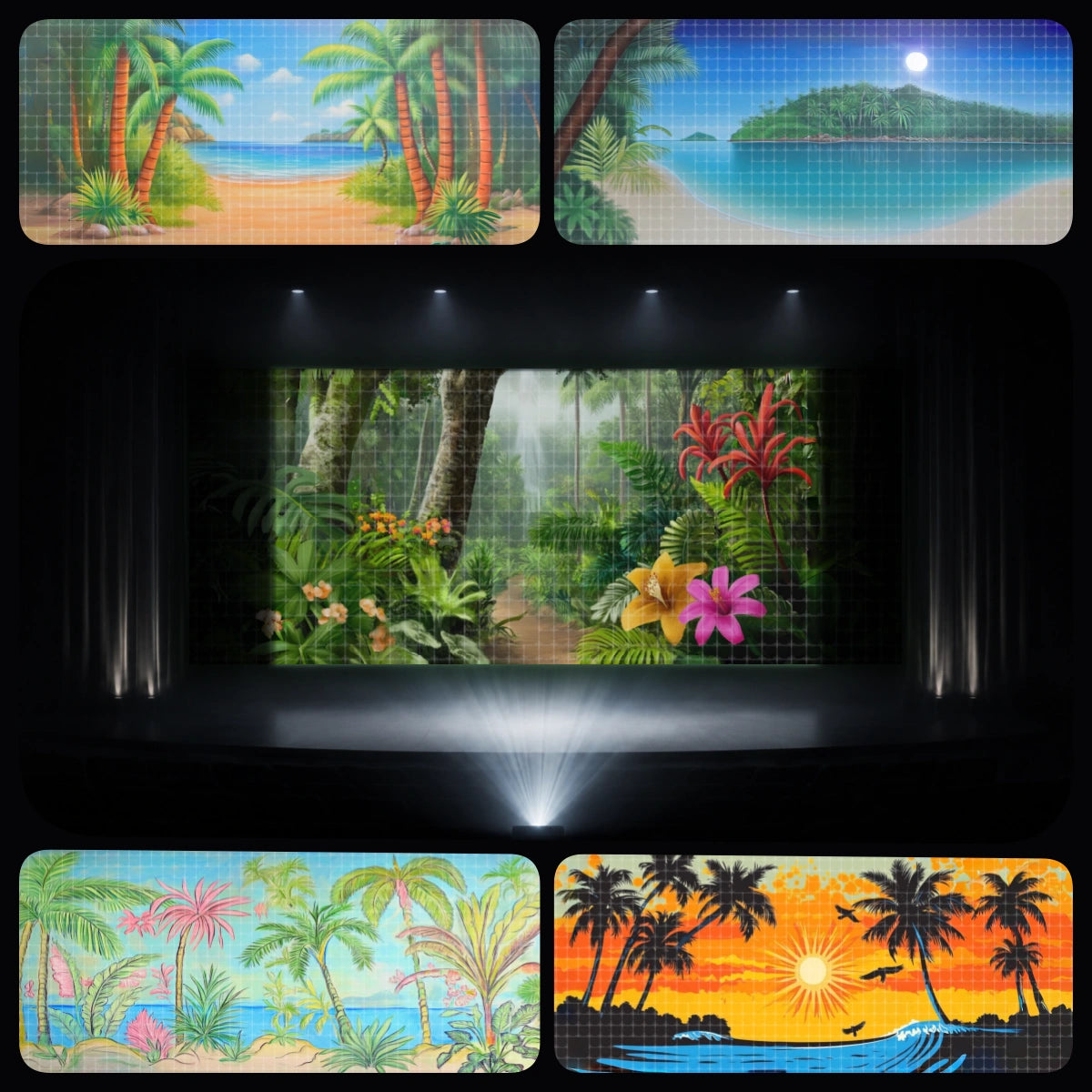 Tropical Sunset essential digital backdrop bundle featuring palm beach scenery, orange island sunset, ocean horizon, tropical foliage, and coastal adventure backgrounds for instant download stage projection, VBS island themes, church summer events, school plays, dance recitals, and children’s theatre.