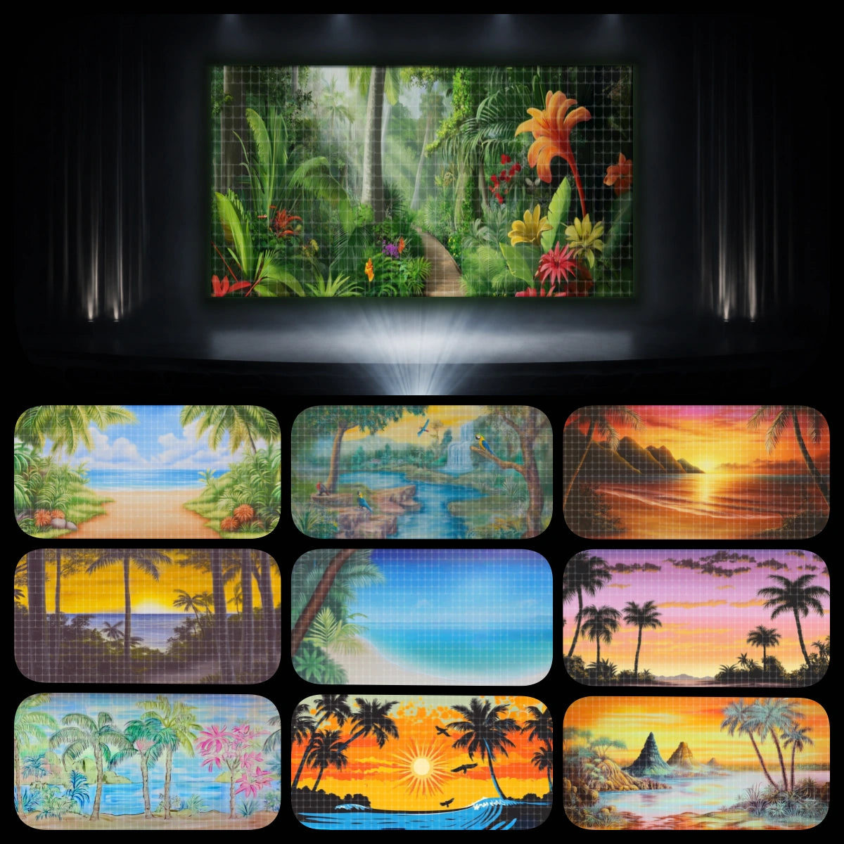 Tropical Trek complete digital backdrop bundle featuring tropical island beaches, jungle waterfalls, palm tree shores, sunset ocean scenes, island trails, and coastal adventure backgrounds for instant download stage projection, VBS tropical themes, church kids ministry, school plays, summer camp events, dance recitals, and children’s theatre productions.