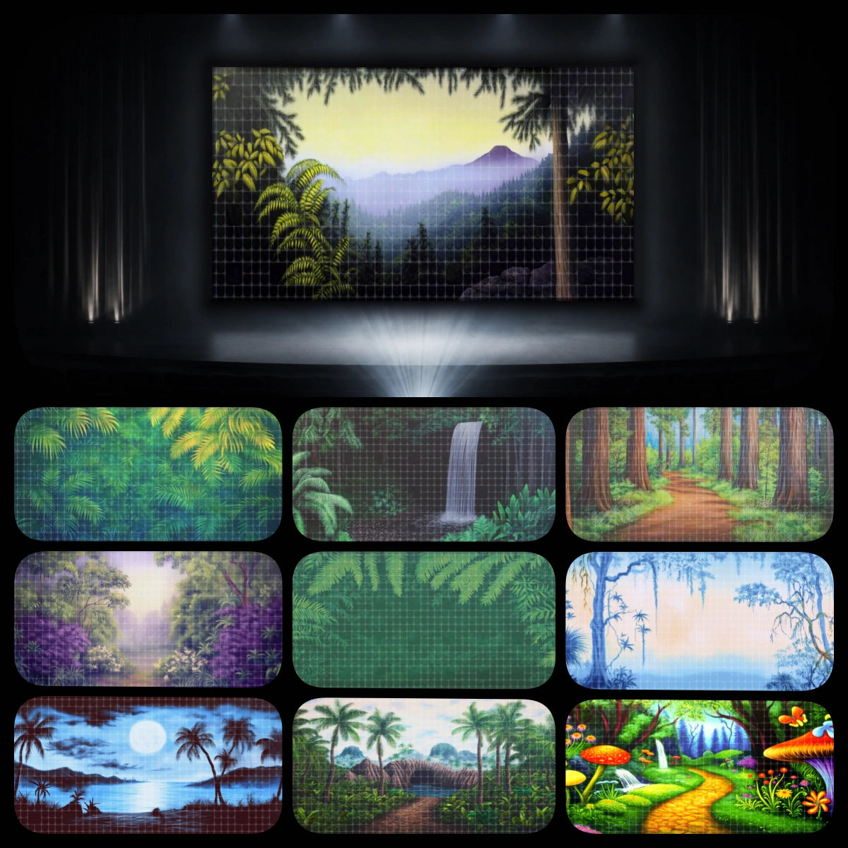 Tropical Trek complete digital backdrop bundle featuring tropical palm island, rainforest valley, jungle river, waterfall cave, forest trail, swamp landscape, and nature adventure scenes for instant download projection, VBS Tropical Trek themes, church kids ministry, school plays, children’s theatre, dance recitals, and summer camp events.